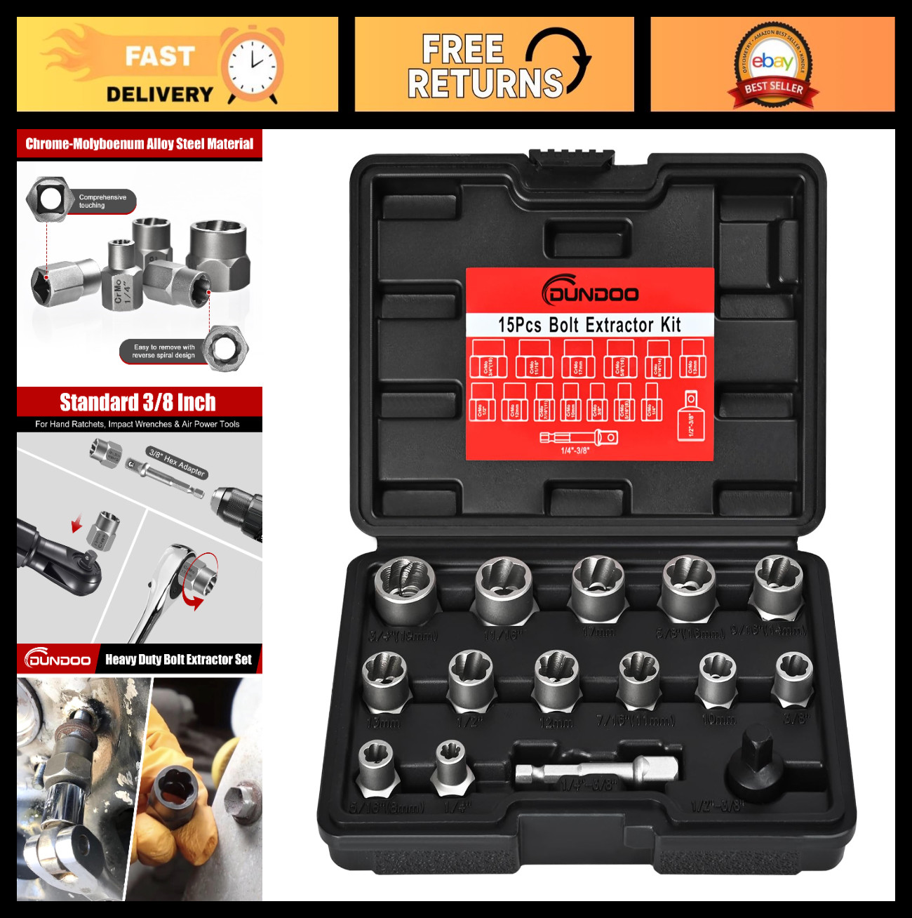 15PCS Bolt Extractor Set – Easy Out Stripped Bolt Remover Kit for Rusted Nuts &