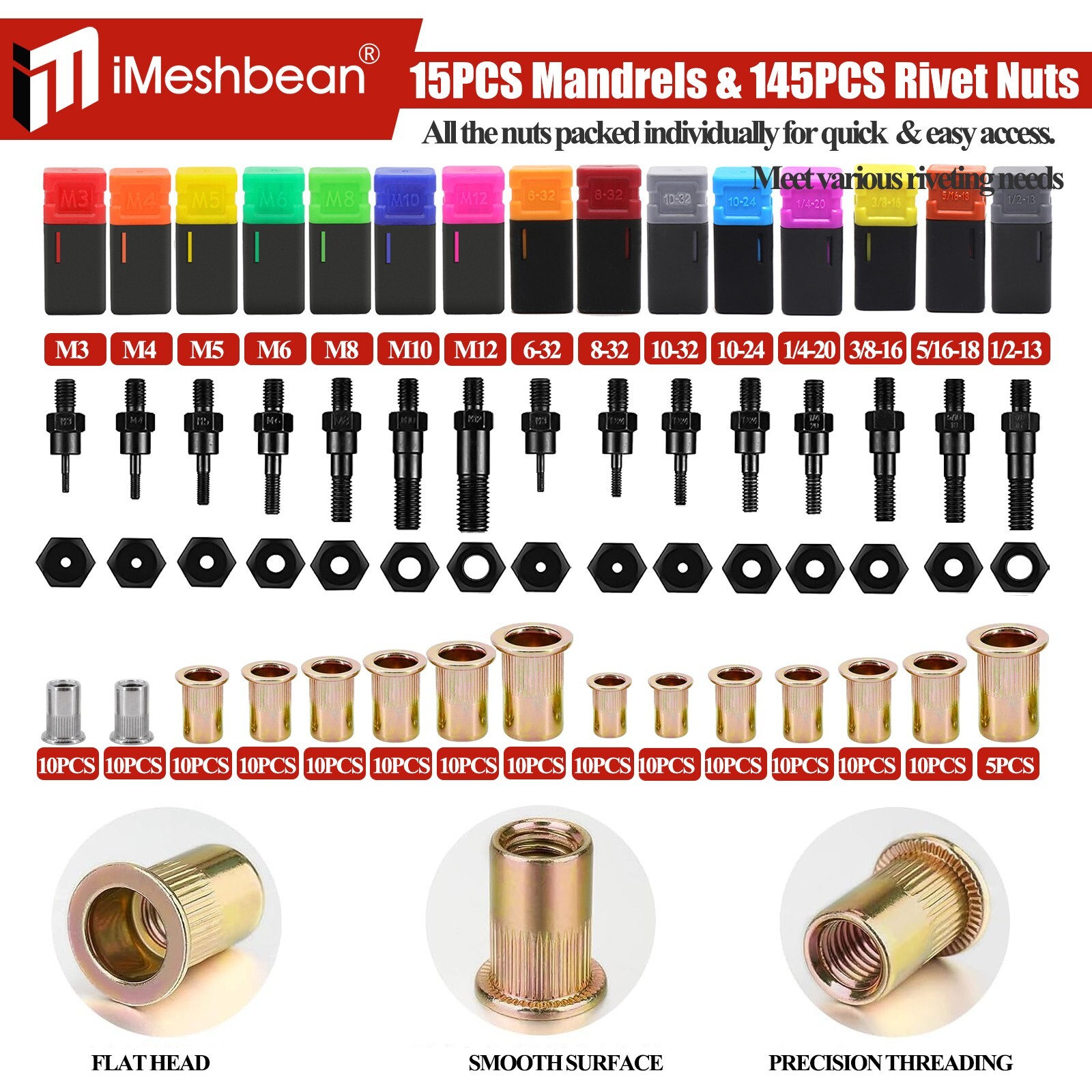 16» Rivet Gun Rivnut Thread Setting Tool Nut Setter NutSert Metric&SAE 145 Nuts