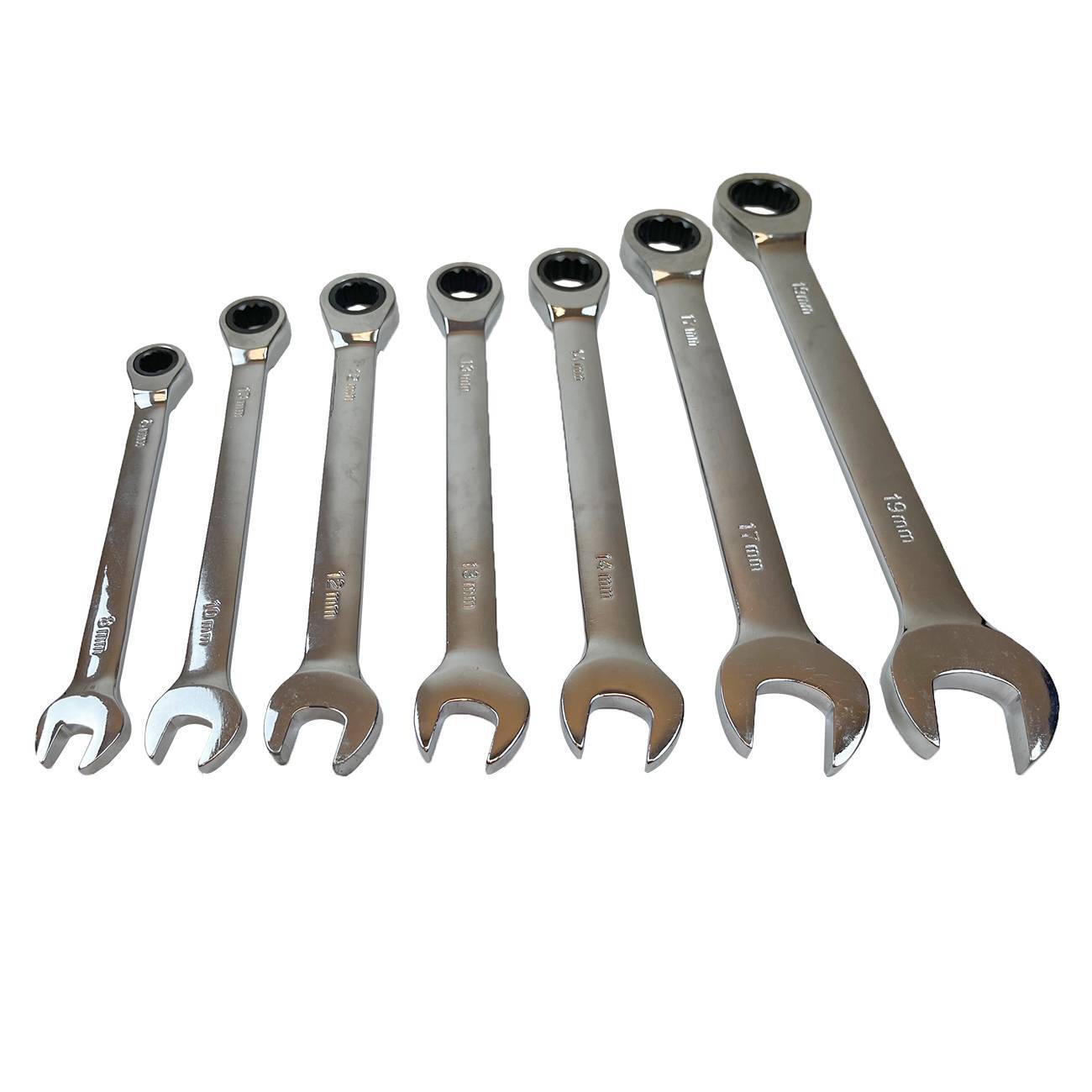 Ratchet Wrench Combination Kit Metric Fixed Spanners Tool 7 Piece Set 8mm-19mm