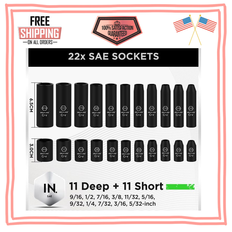 SWANLAKE 1/4″ Drive Impact Socket Set, 56-Piece Standard SAE (5/32 to 9/16 inch)
