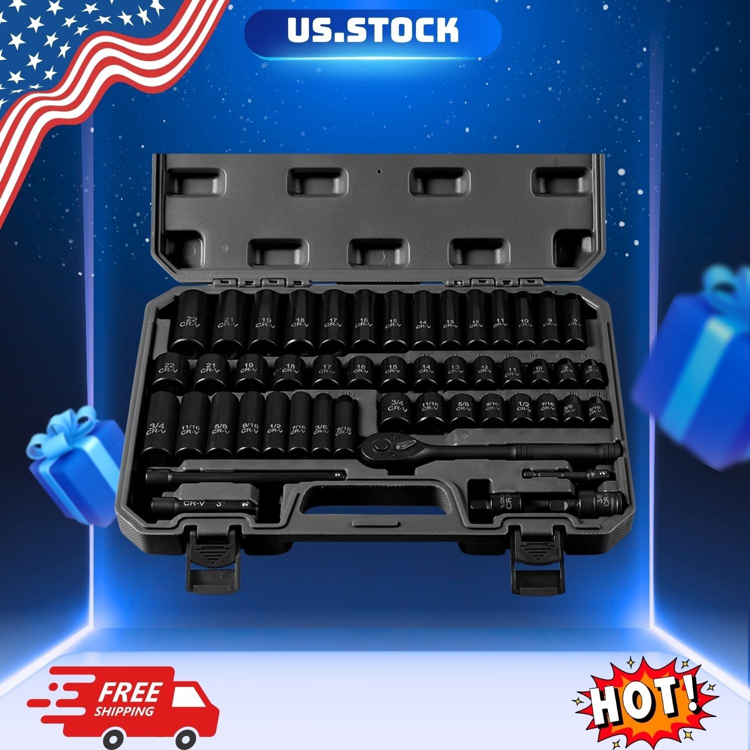 50PC 3/8″ Drive Impact Socket Set SAE Metric Deep Shallow with Ratchet Tools