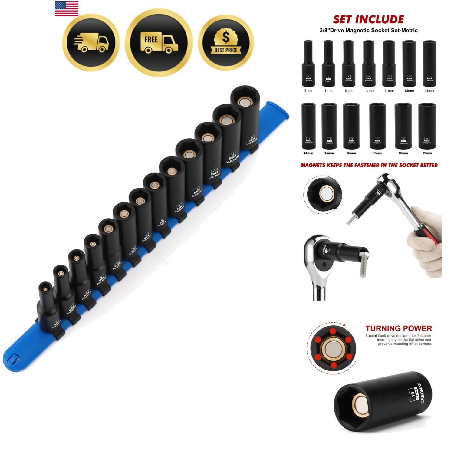 13PCS 3/8″Drive Magnetic Impact Socket Set, Deep, 6-Point, Metric, 7mm to 19m…
