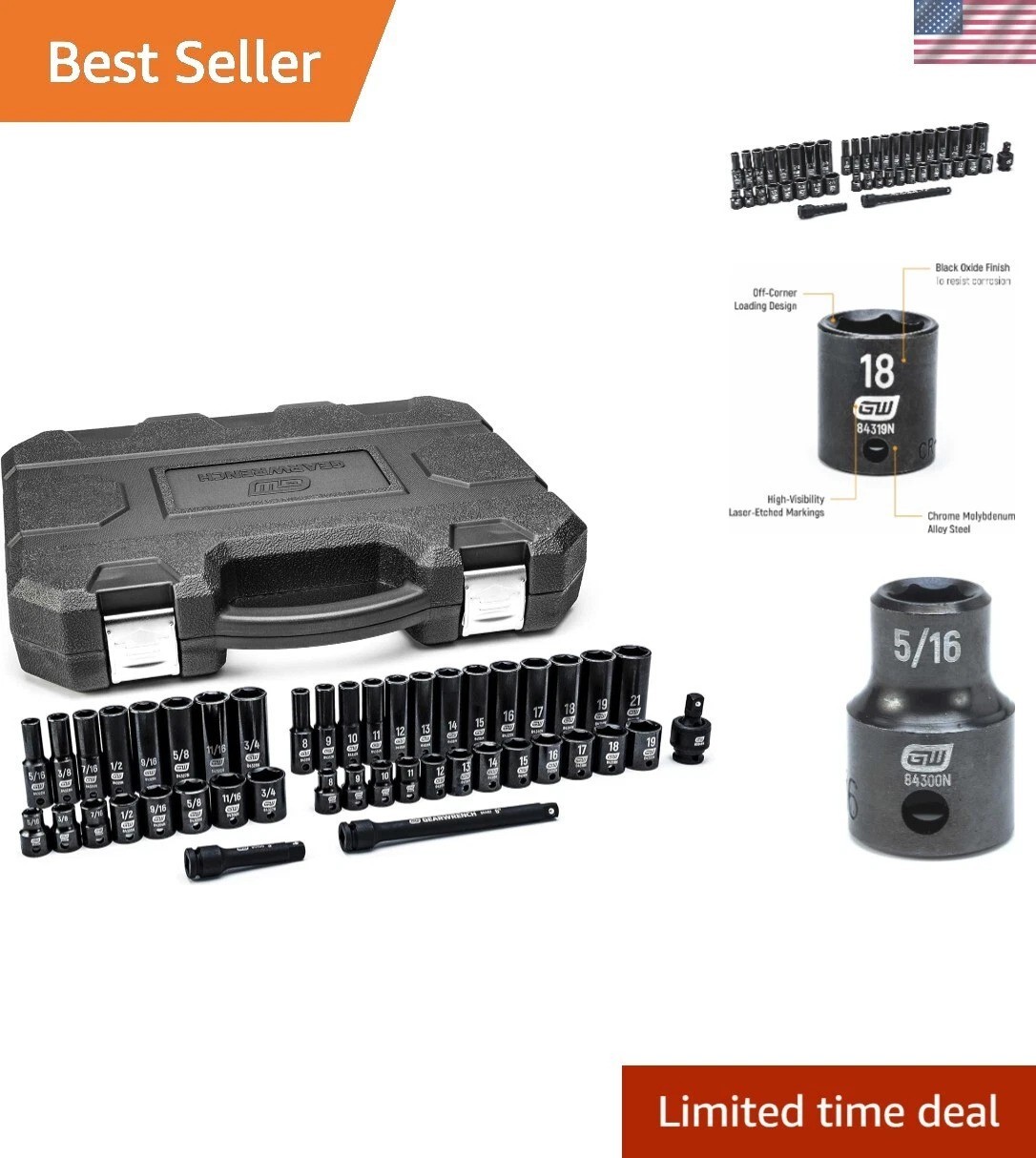 44 Pc. 3/8″ Drive 6 Point Standard & Deep Impact SAE/Metric Socket Set – 84916N