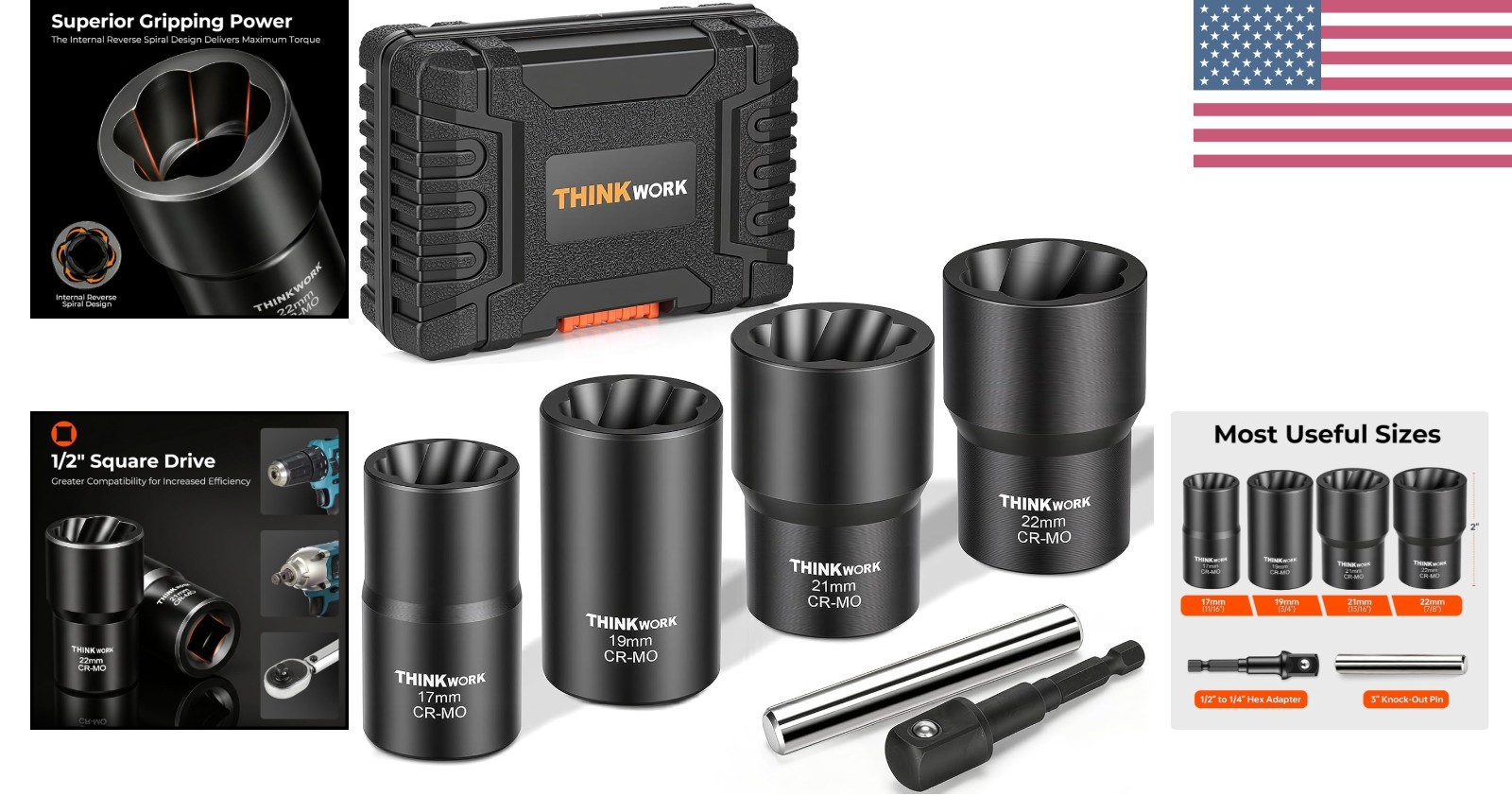 Incredible Grip 1/2 Inch Drive 5-Piece Bolt Extractor Set for Rusted Nuts