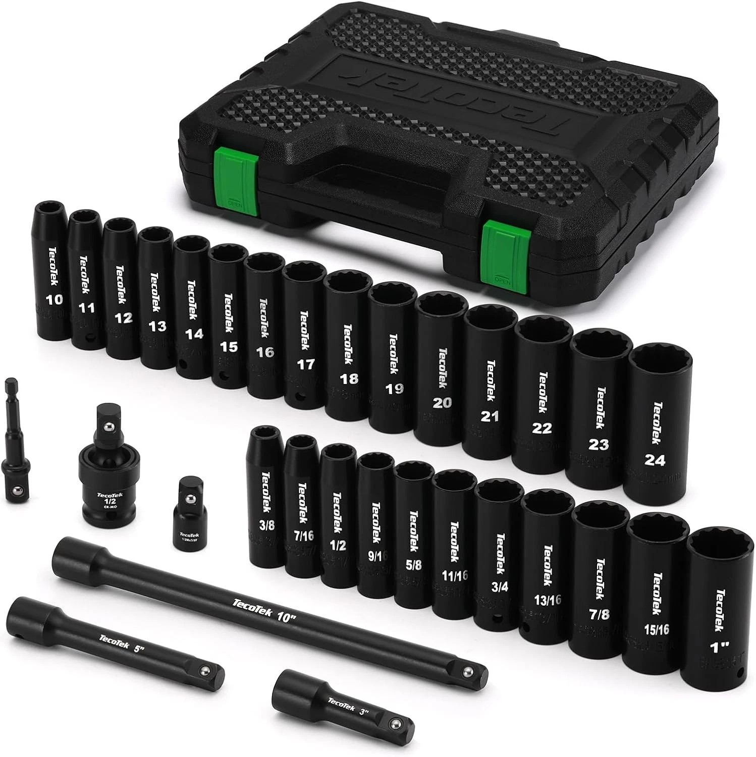 1/2″ Drive Deep 12-Point Impact Socket Set, 32-Piece Socket Set, SAE 3/8-1-In…
