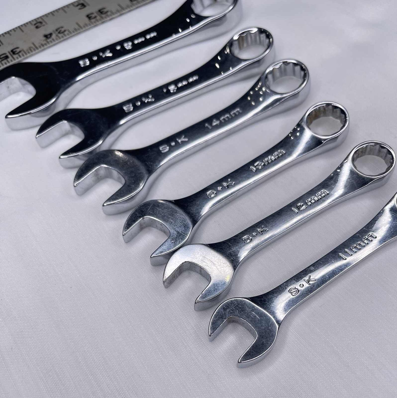 S-K Stubby Metric Combo Wrench Set of 6 Polished USA SK 11mm – 15mm, 19mm Clean