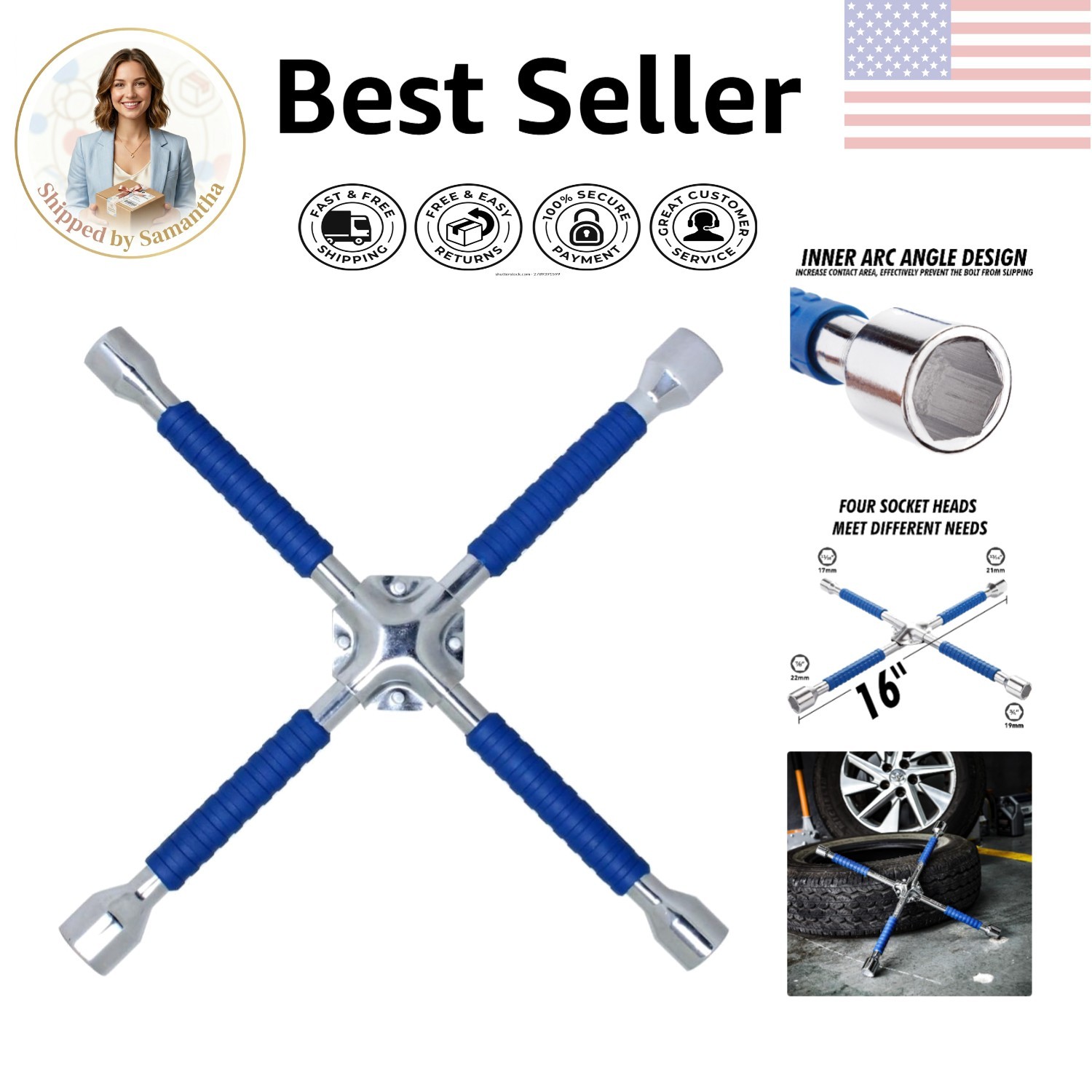 16 Inch Heavy Duty 4-Way Lug Wrench with Non-Slip Grip – Ideal for SUVs & Vans