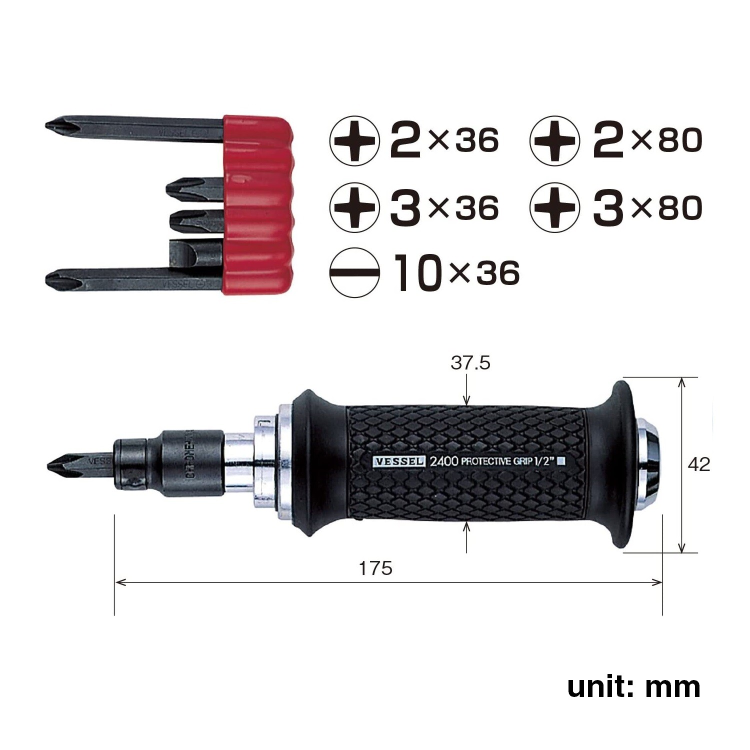 Vessel Manual Impact Driver Cushion Grip Handle 5/16″ Hex 1/2″ Drive 240001