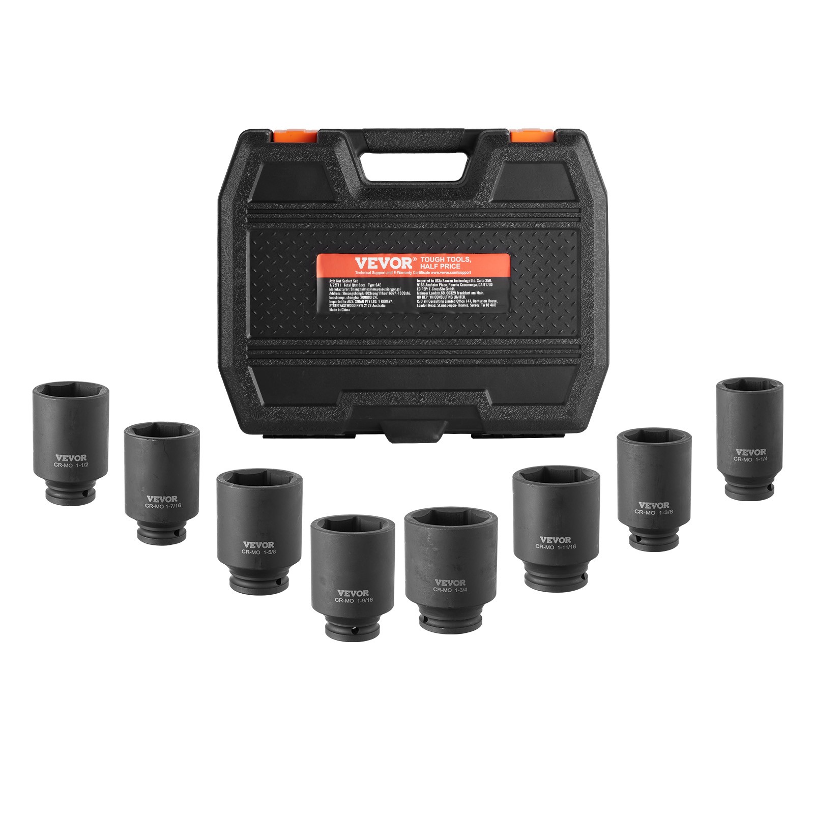 VEVOR Axle Nut Impact Socket Set 1/2″ Drive Deep 12-Point 8PCS Metric Nut Socket