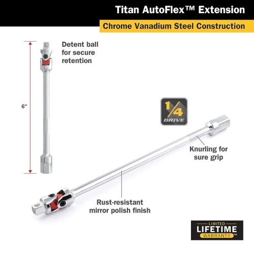 Titan 66109 Auto Flex Extension, 1/4″ Drive, 6″ Length, Chrome Vanadium Steel