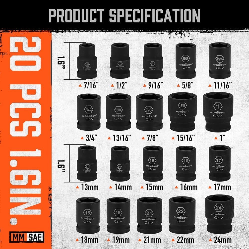 High-Quality 1/2″ Drive Impact Socket Set – 24 Pieces with Ratchet & Extension