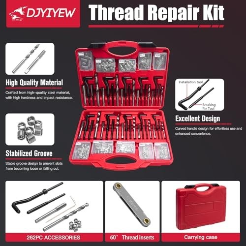 Metric & SAE Thread Repair Kit 262 Pc – M5 M6 M8 M10 M12 & 1/4″ to 1/2″ with Gau