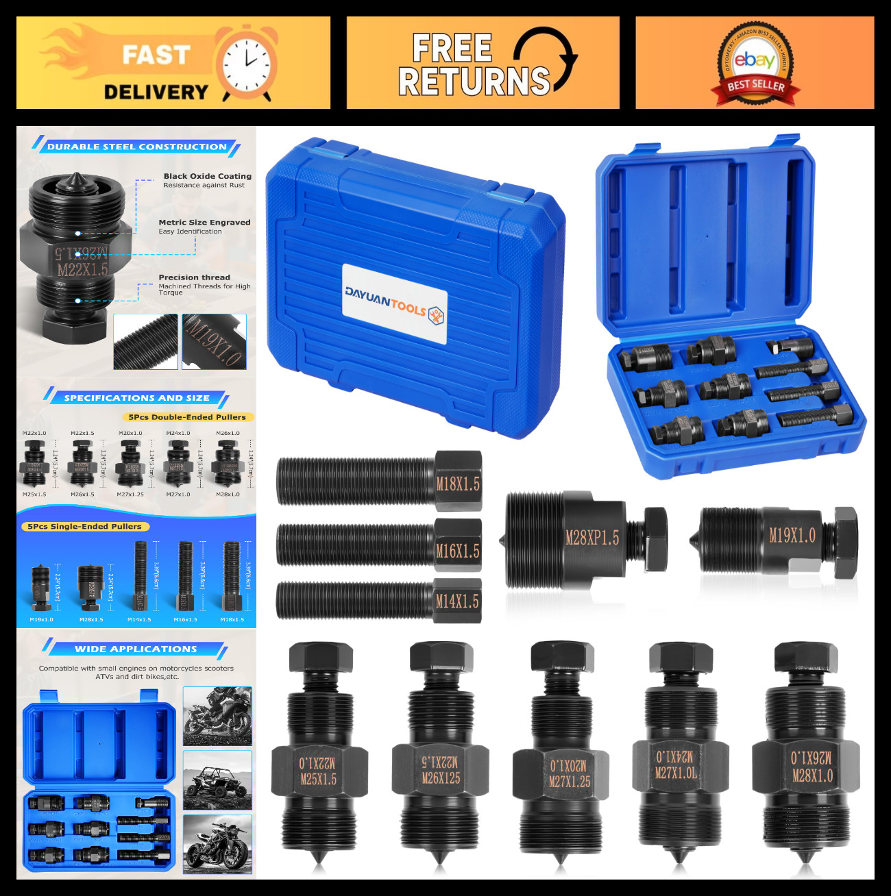 Motorcycle Flywheel Puller Set – 10 Sizes for Small Engines, Scooters, ATVs, Dir