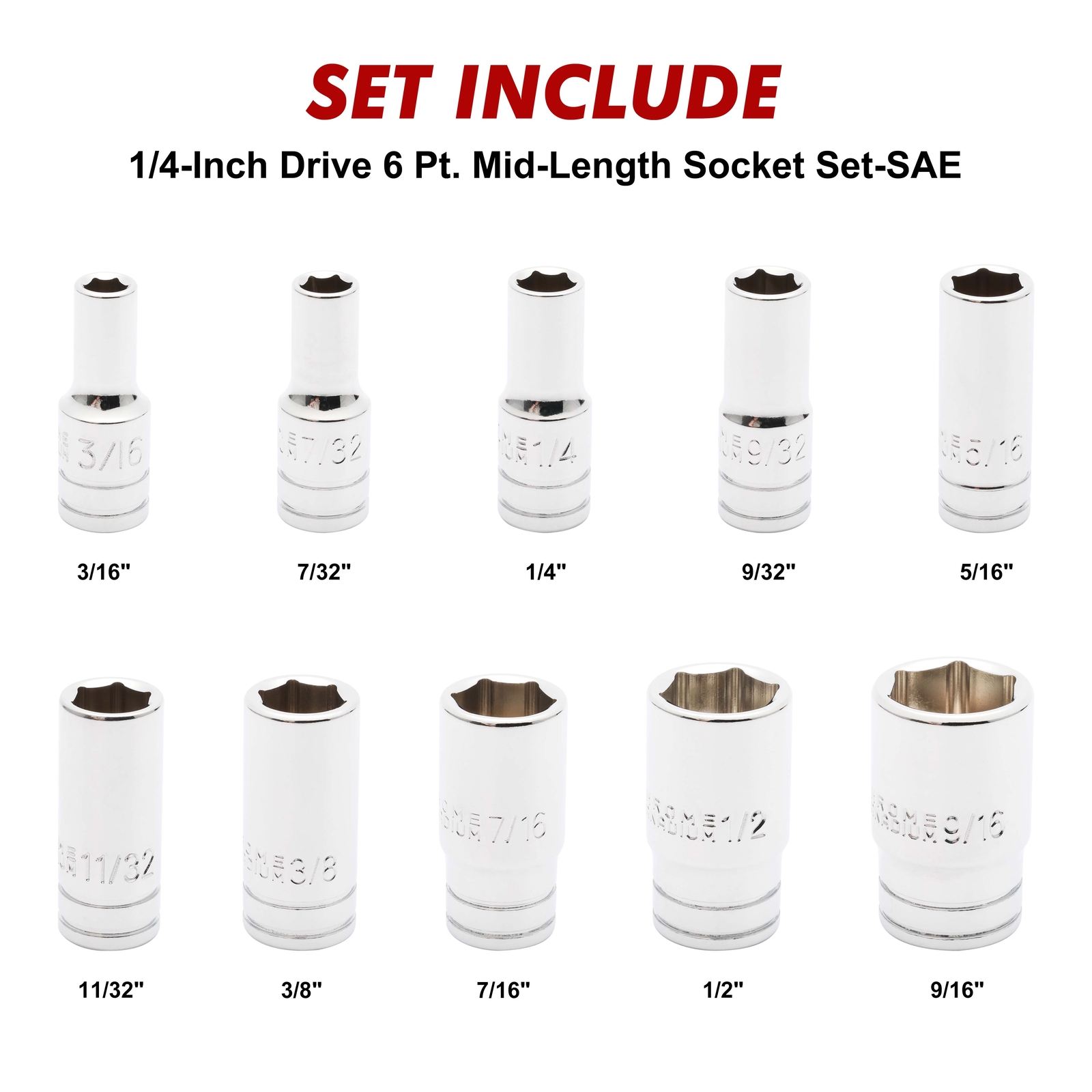 10PCS 1/4″Drive 6 Point. Mid-Length Socket Set SAE, 3/16″ to 9/16″ Mirror Chrome