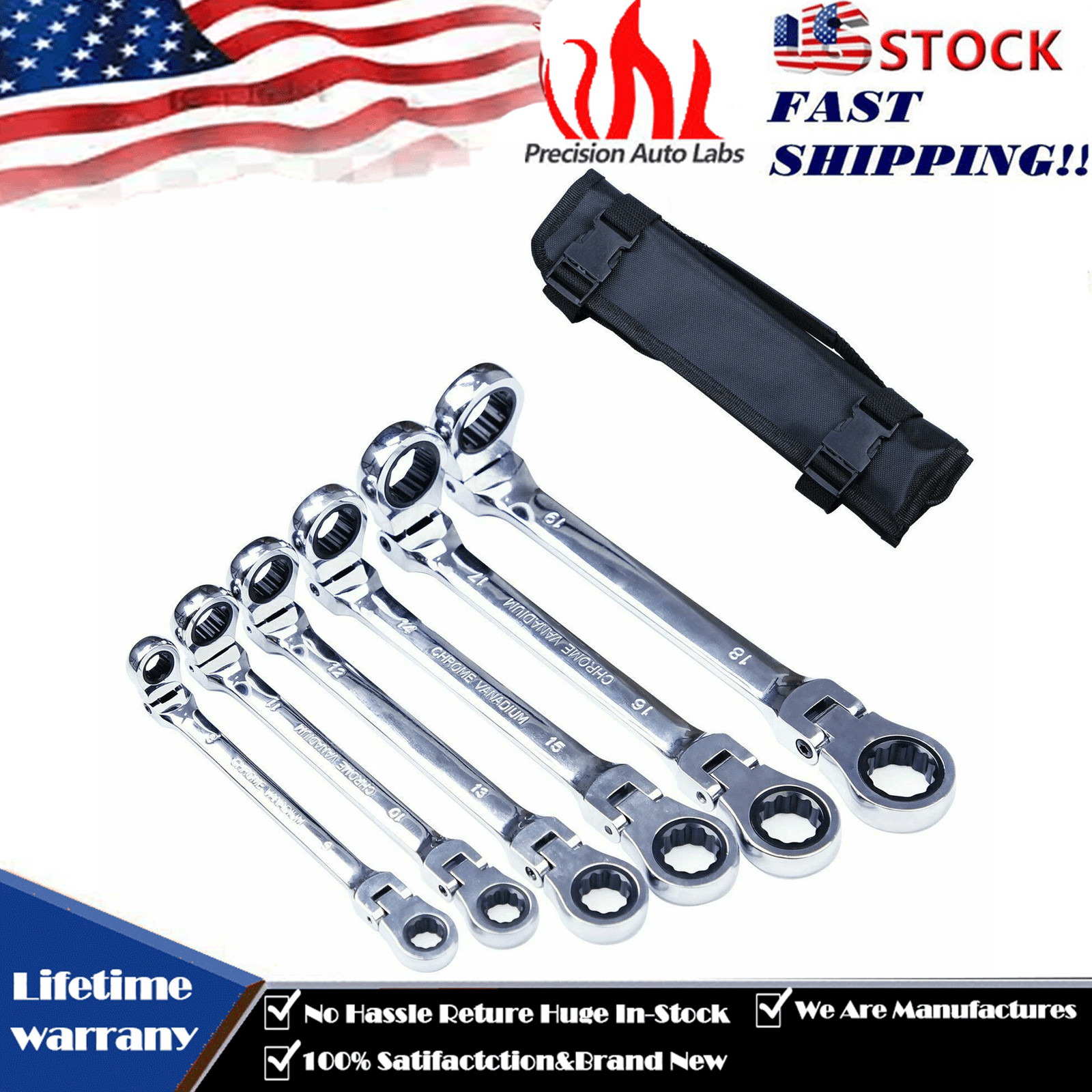 6pc Flex Head Ratchet Wrench Set Metric 8-19mm Extra Long 180° Reversible