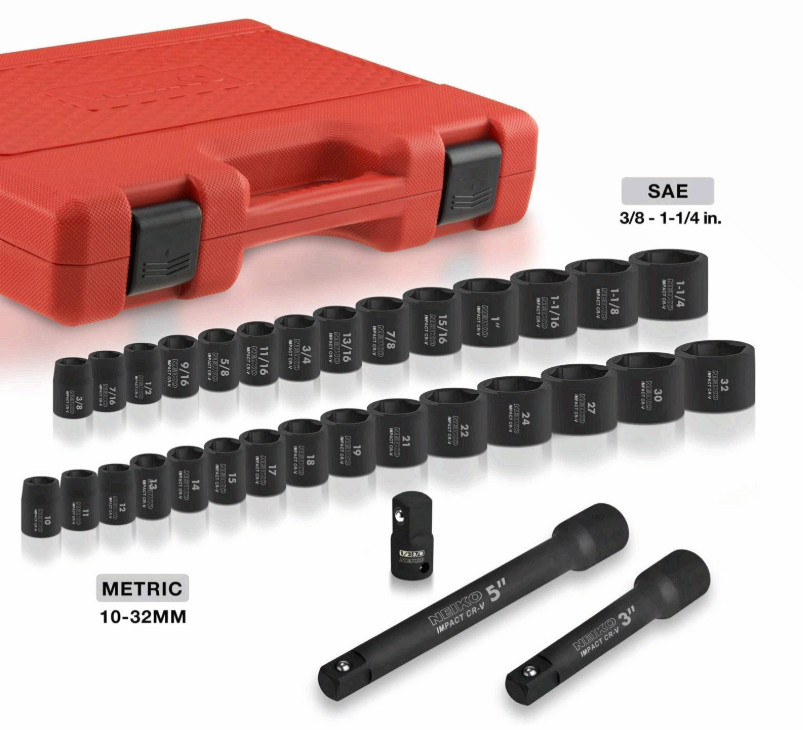 1/2in Drive Impact Socket Set 32Pc SAE & Metric Cr-V Steel 3/8–1-1/4in & 10-32mm