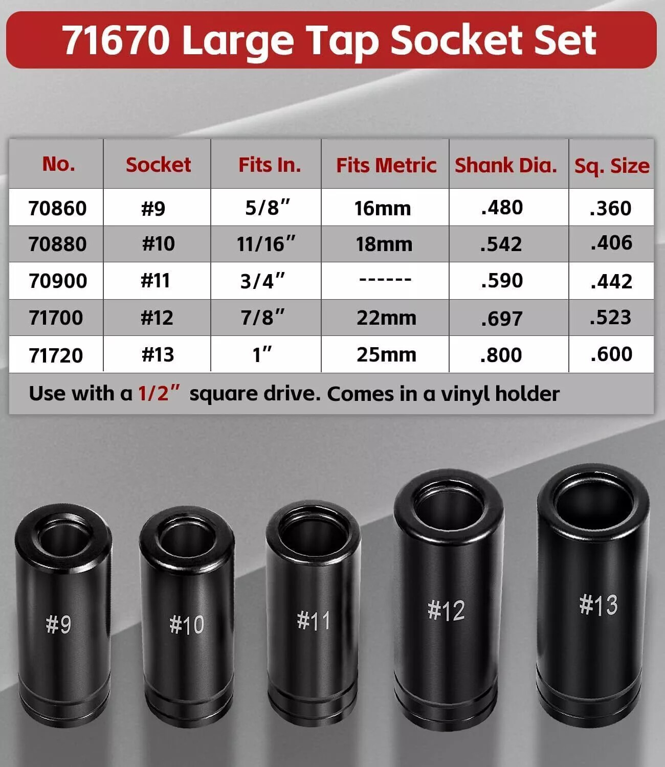 71670 Large Tap Socket Set Fit 5/8″, 11/16″, 3/4″, 7/8″ & 1″ Taps 1/2″ Drive