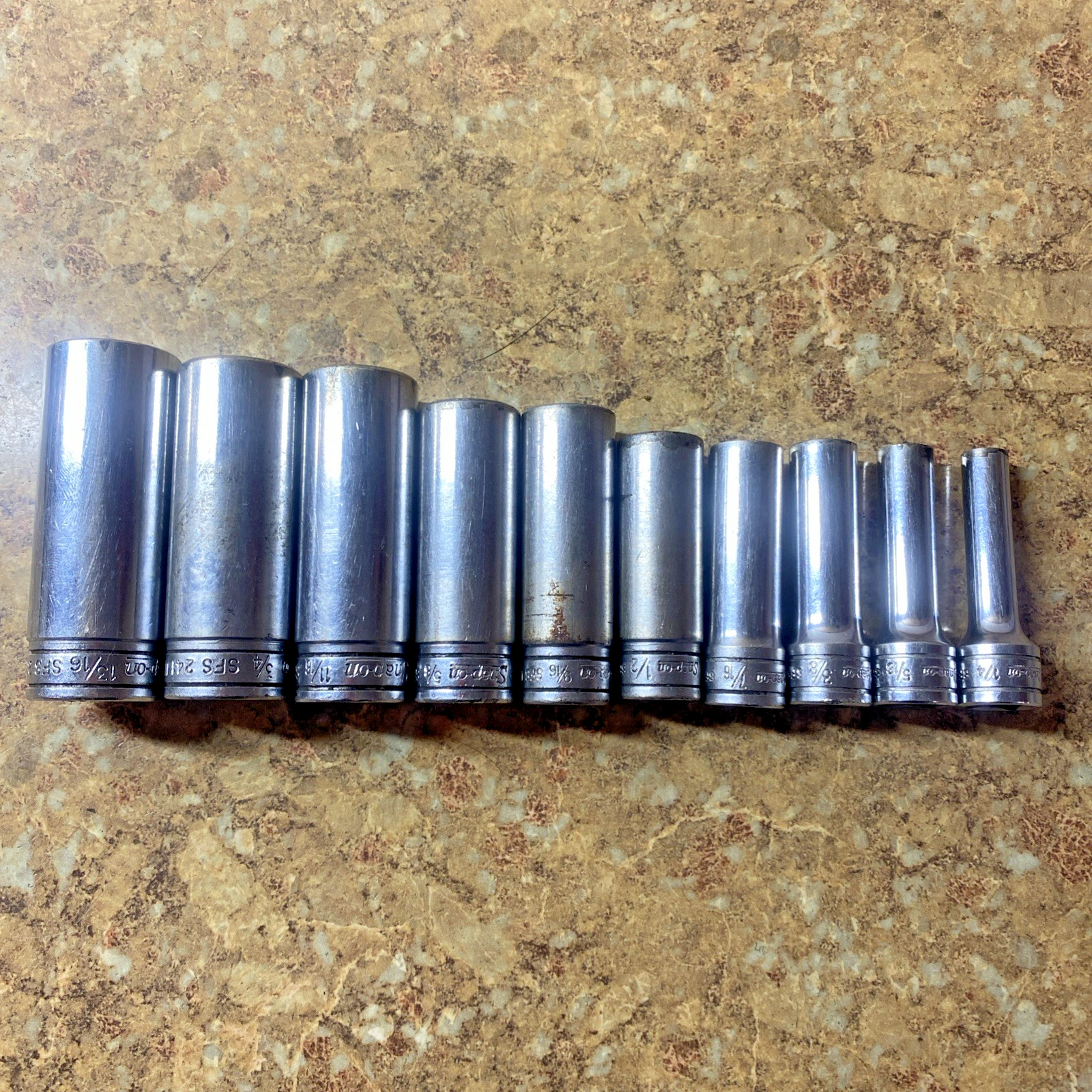 Snap On 211SFSY 10pc 3/8″ Drive 6-Point SAE Deep Socket Set Missing 7/8″ Socket