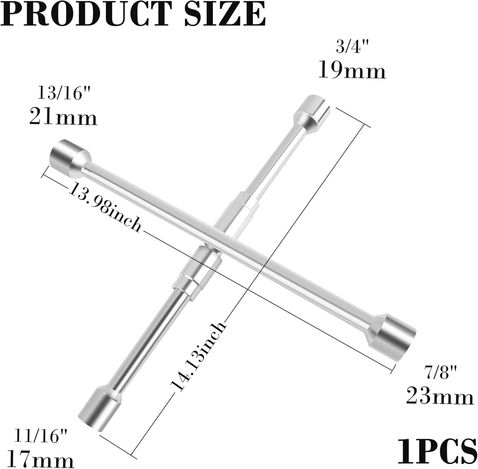 Foldable 14 Inch 4 Way Lug Wrench with Interchangeable Sockets 17mm 19mm 21mm