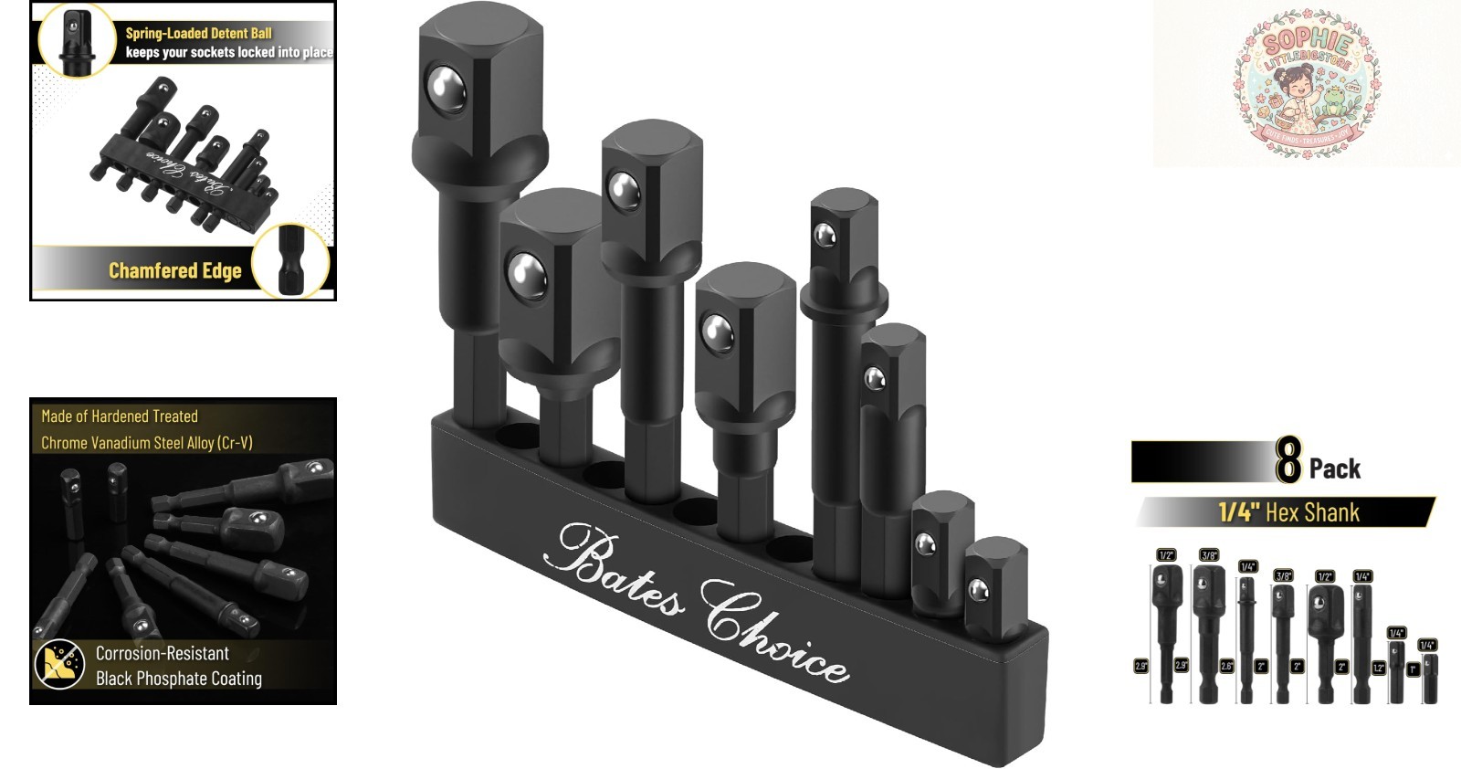 Bates 8-Piece Impact Grade Socket Adapter Set – Durable Chrome Vanadium Steel