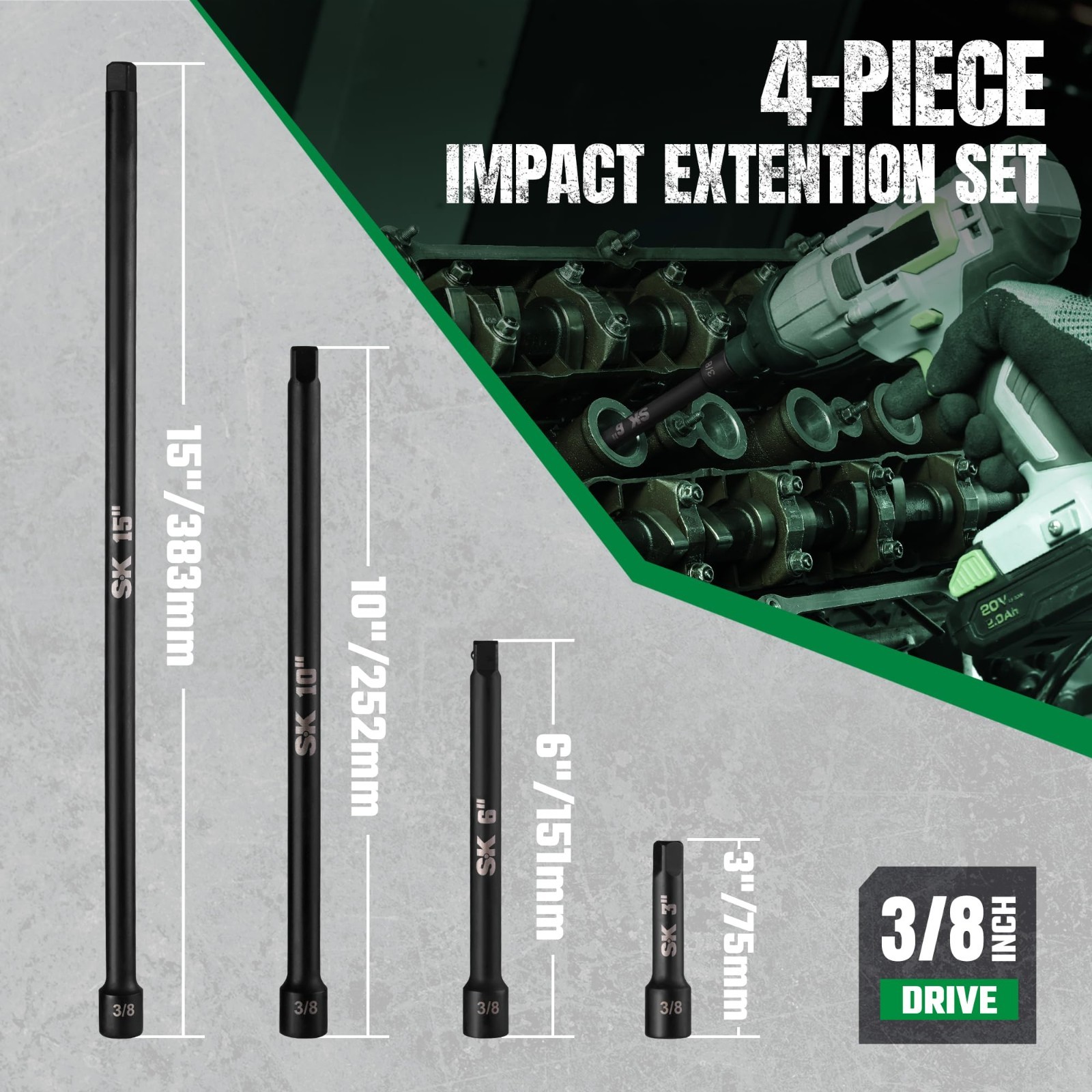 4-Piece 3/8″ Drive Impact Socket Extension Set – 3″, 6″, 10″, 15″ Cr-Mo Steel