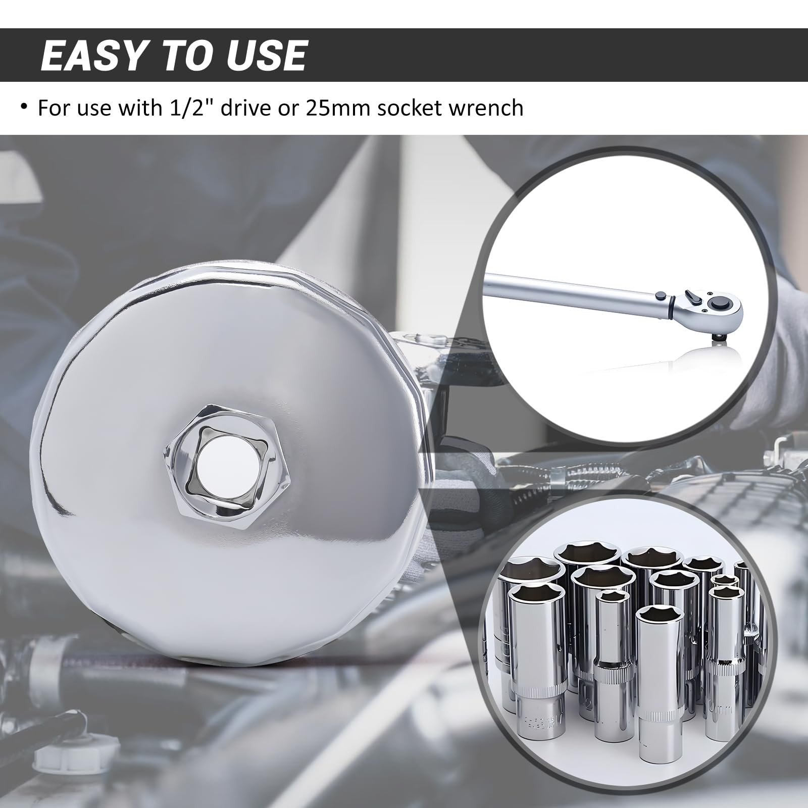 73-74mm 15 Flutes Oil Filter Cap Wrench Removal Tool Socket Compatible Silver