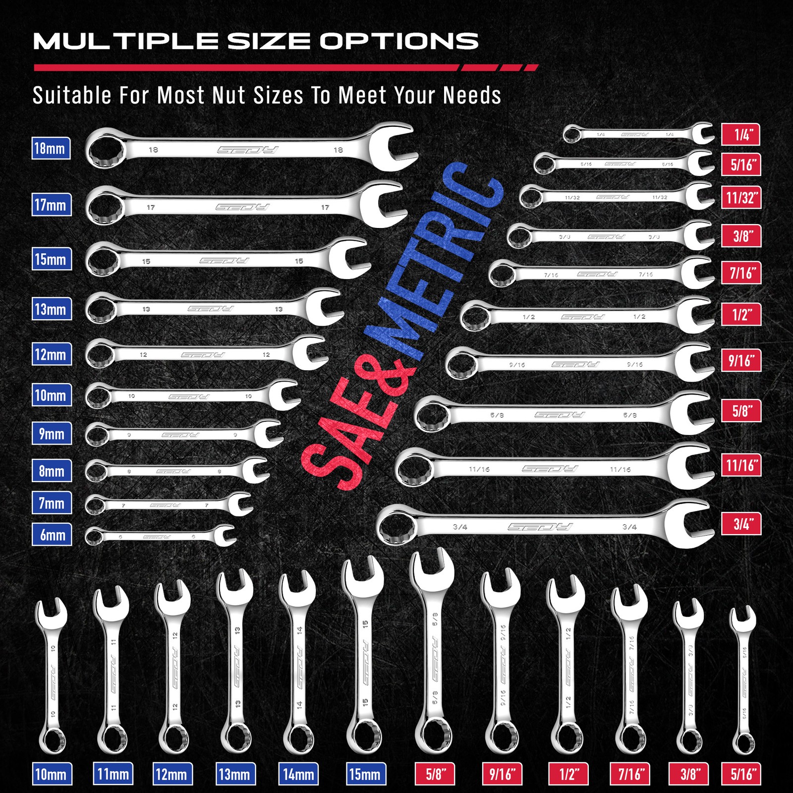 32 Piece Combination Wrench Set Standard & Stubby 72 Teeth CR-V Metric & SAE
