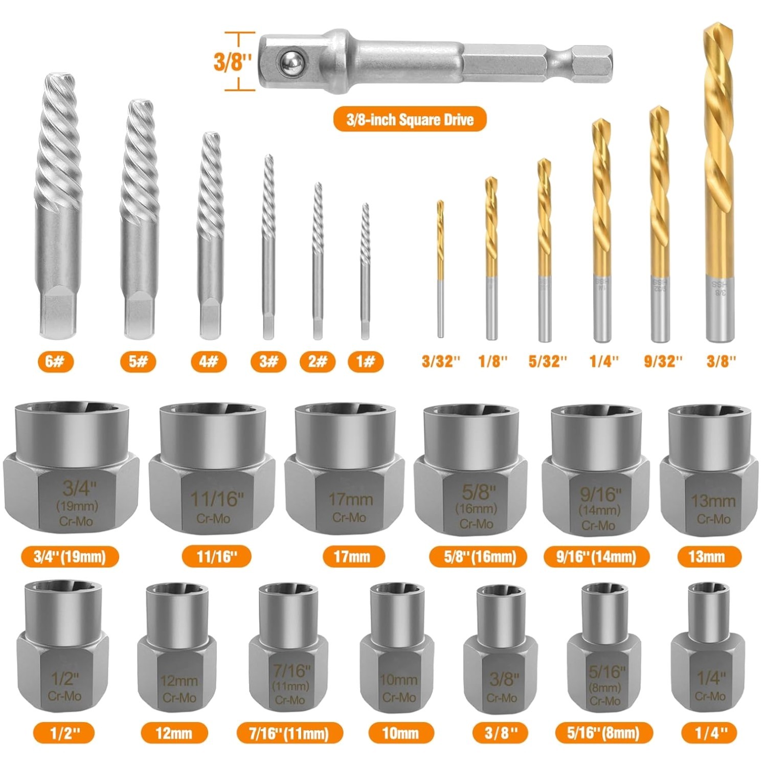 Stripped Nut Remover Set, 3/8″ Drive, 41Cr Chrome Steel