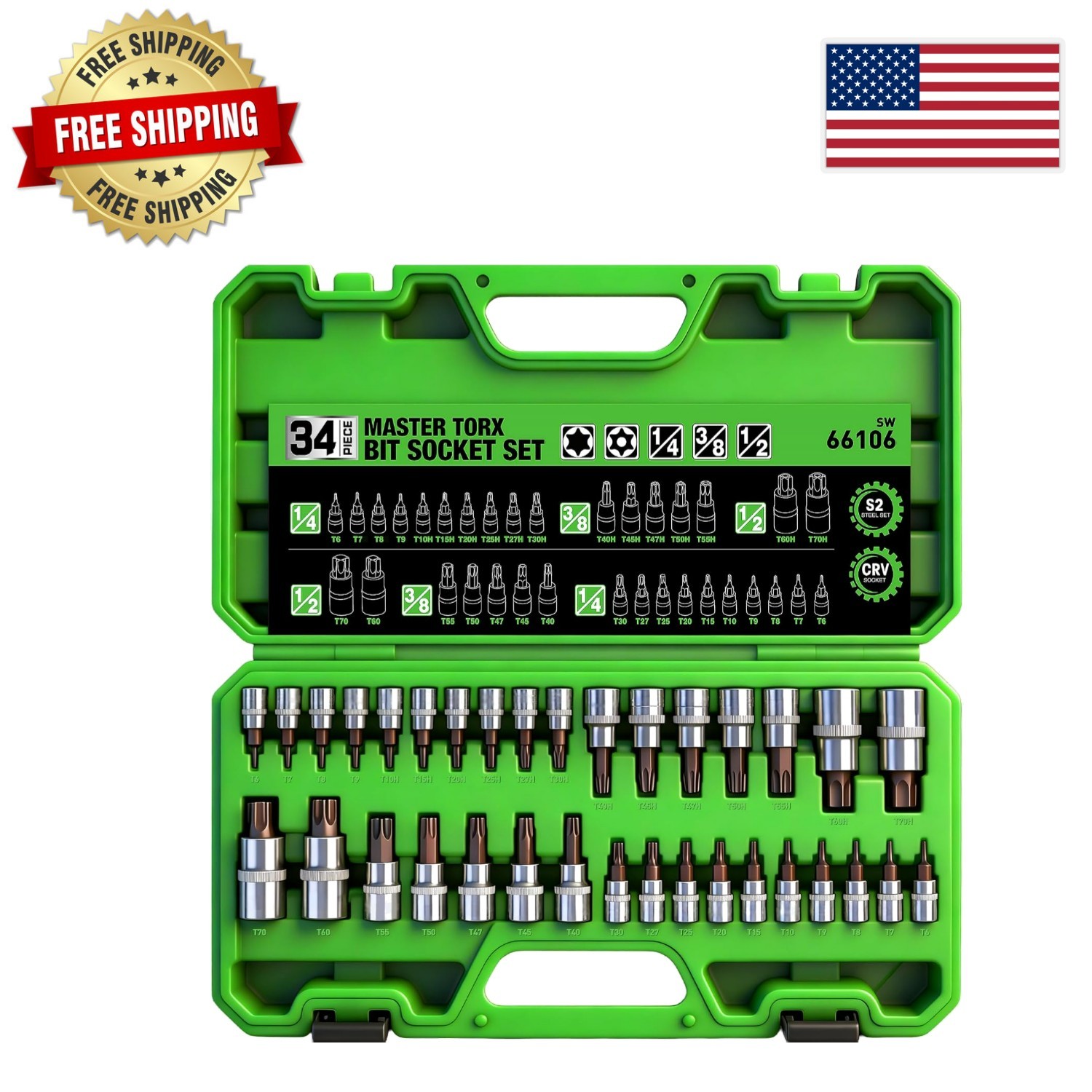 Master 34-Piece Torx Bit Socket Set for Automotive & Electronics – T6 to T70