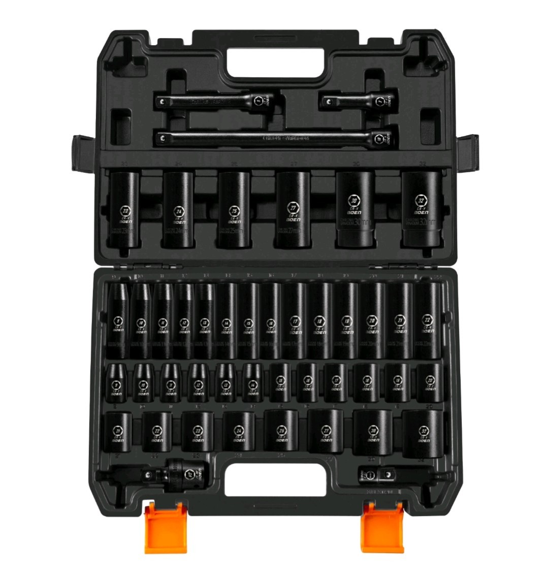 45Pcs 1/2″ Drive Impact Socket Set,SAE 5/16″ to 1″,Metric 8-22mm, Extension Bars