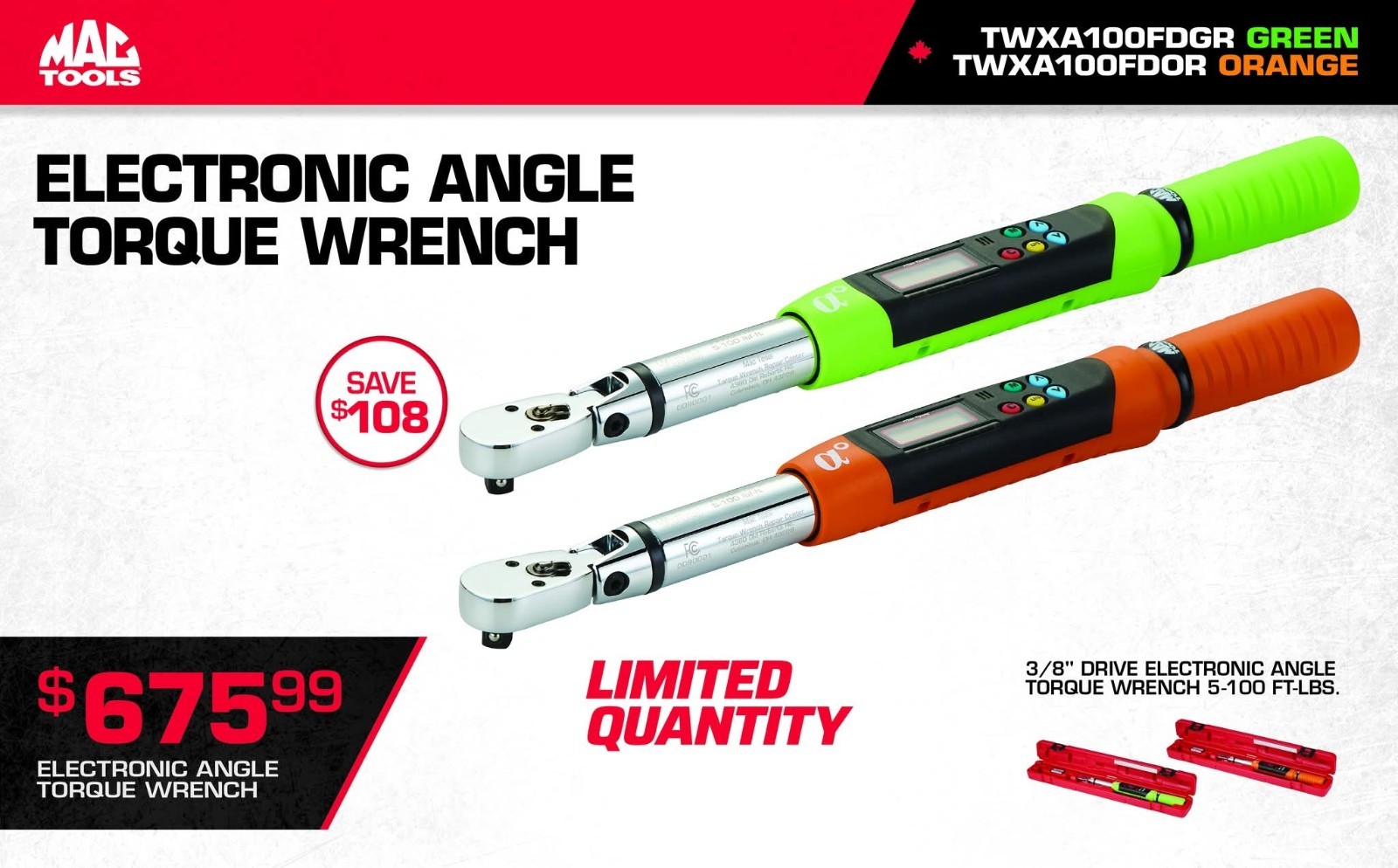 Mac Tools Digital Torque Wrench 3/8 Drive TWXA100FDOR. Brand NEW NEVER USED.