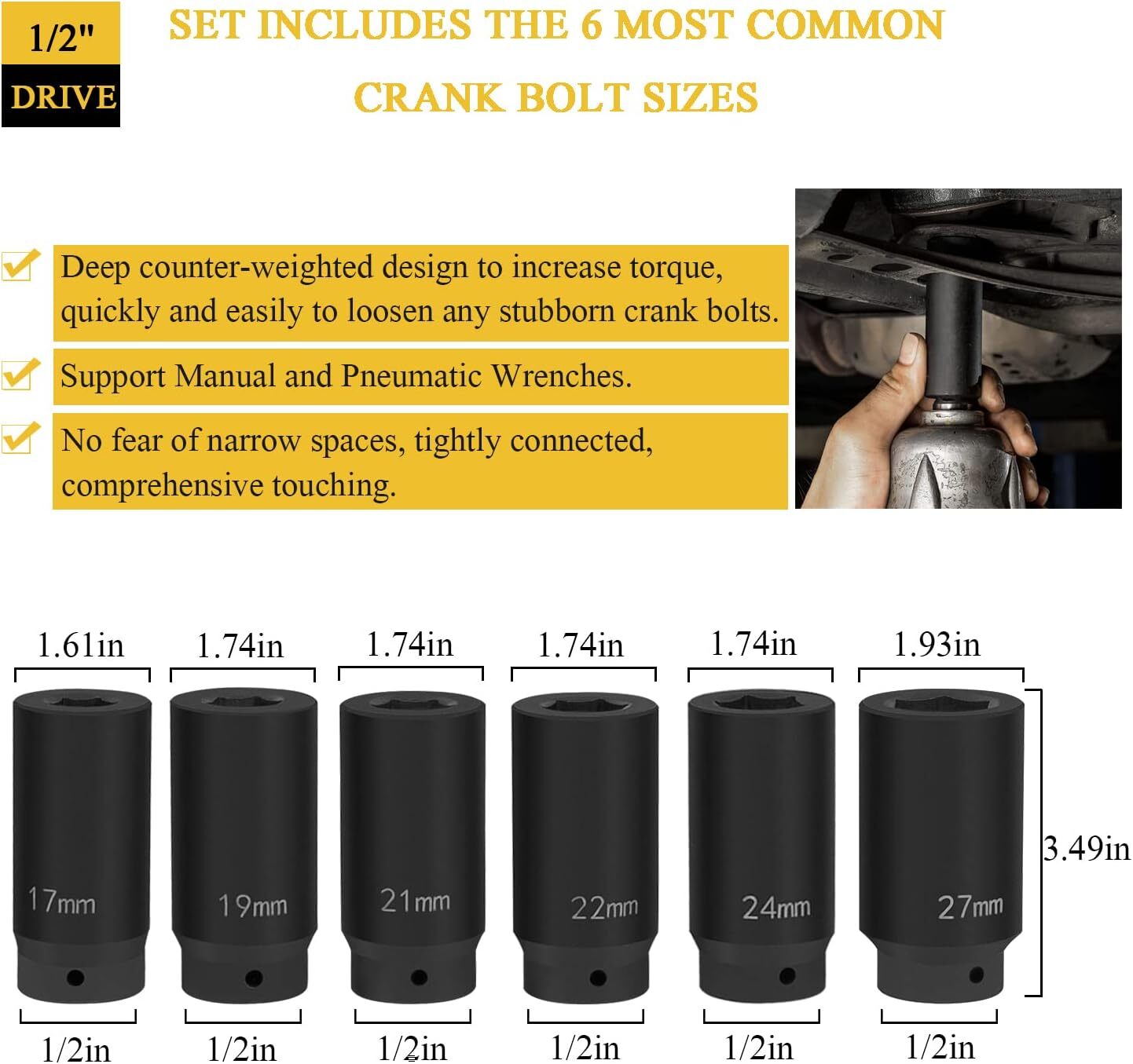 1/2″ Drive Metric Deep Impact Socket Set 17MM 19MM 21MM 22MM 24MM 27MM