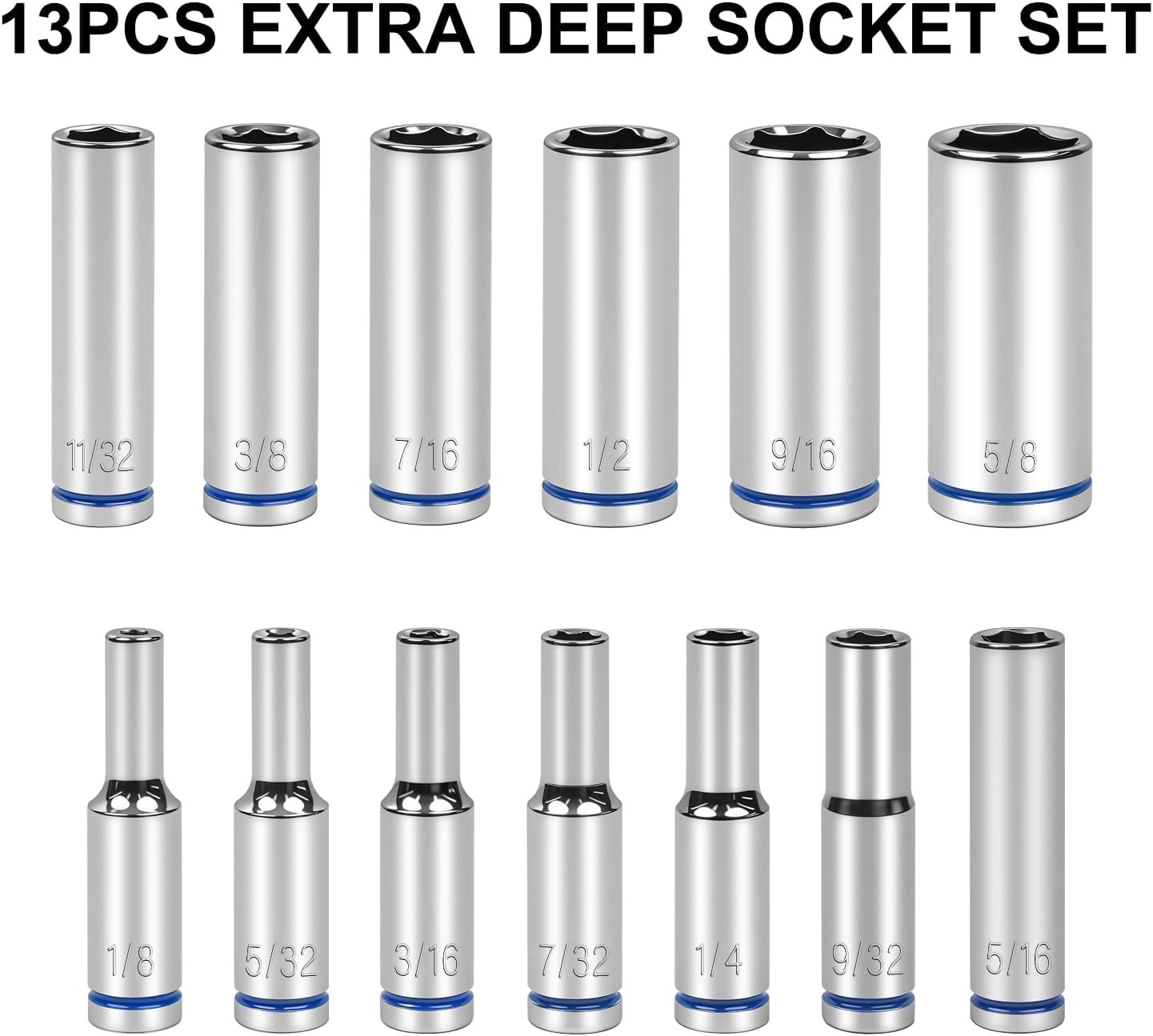 1/4″ Drive SAE Deep Socket Set 13PC 1/8-5/8″ 6 Point CR-V Hex Sockets Case USA