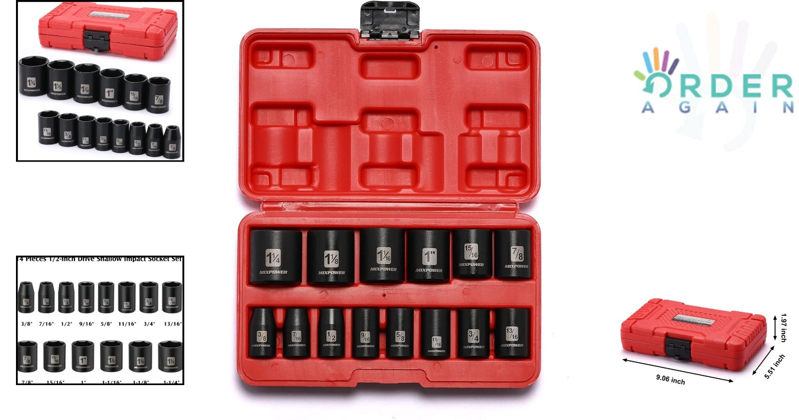 14-Piece Impact Socket Set Chrome Vanadium 3/8 to 1-1/4 Inch Shallow SAE