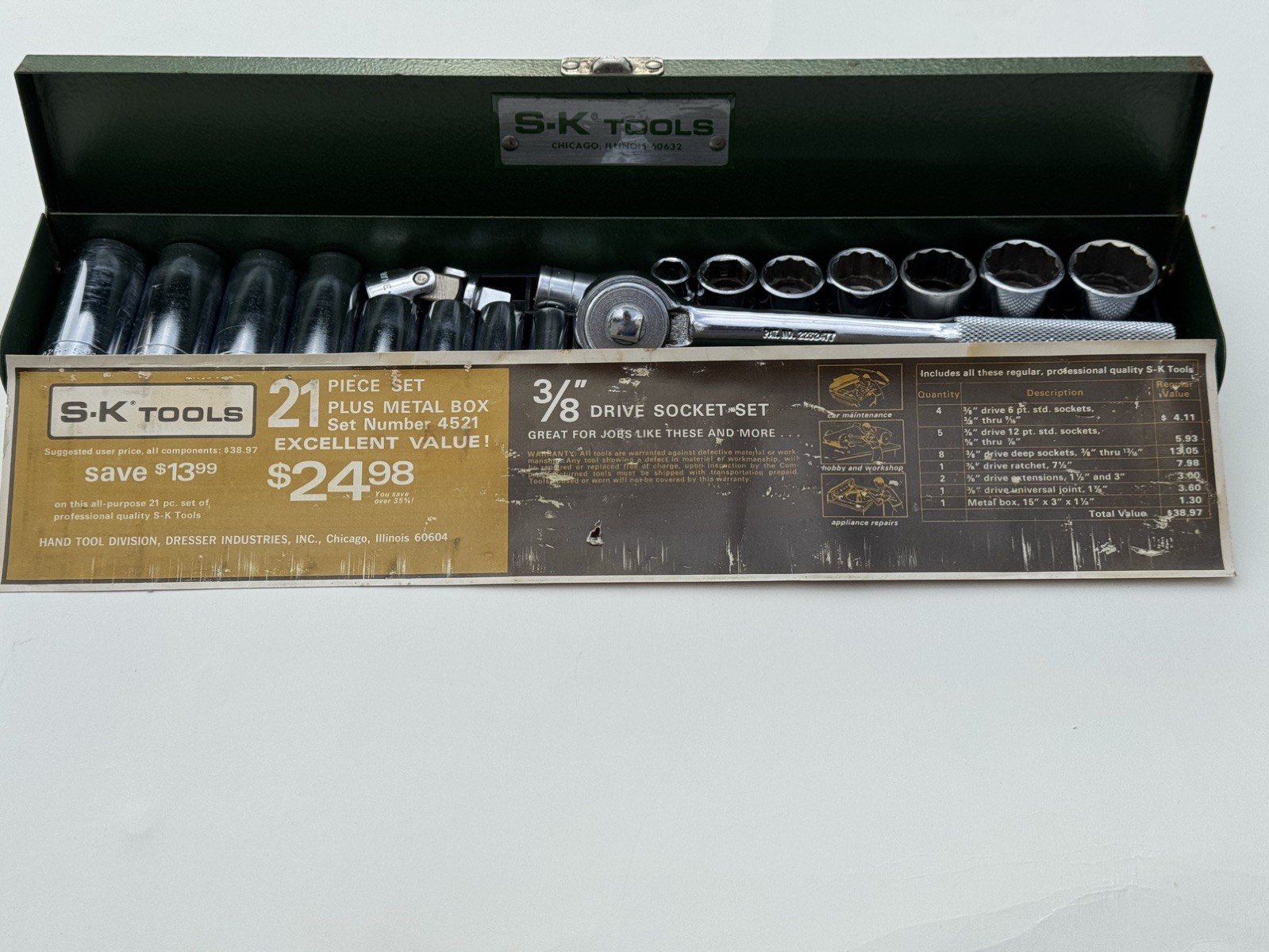 Vintage S-K / S-K Wayne 3/8 Drive Ratchet Socket Set #4521 SAE USA Complete 21pc