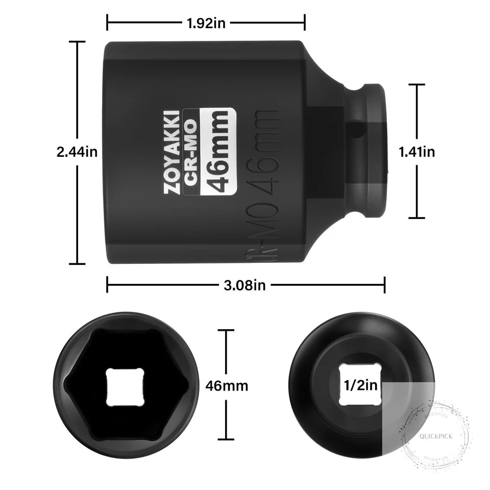 1/2″ Drive x 46 mm Deep 6 PT Impact Socket, CR-MO, 1/2-inch Drive 6 Point Axle