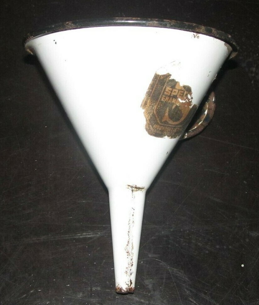 Vintage PRIMITIVE Small White & Black ENAMEL GRANITEWARE Funnel Partial Tag Oil