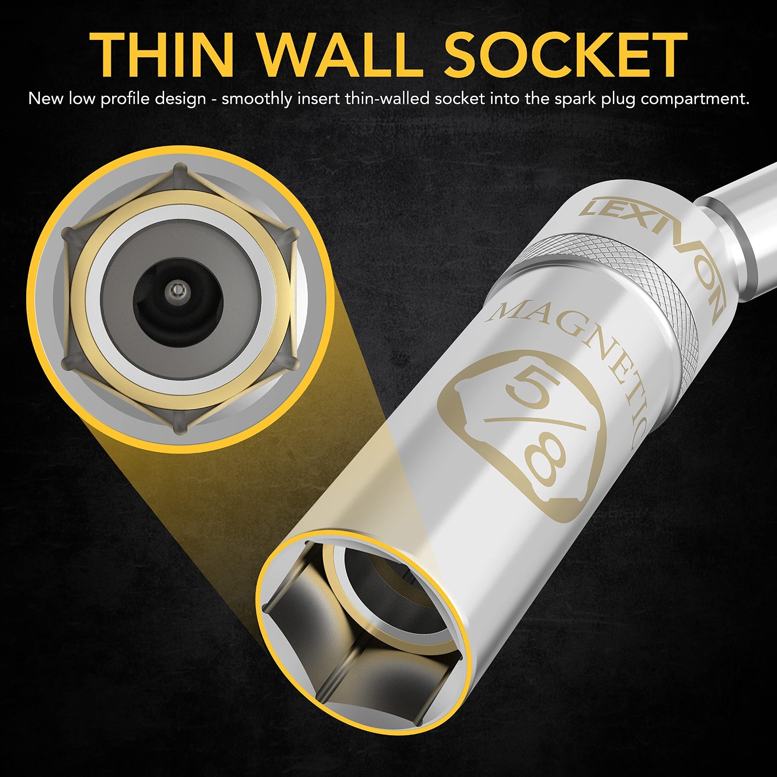 5/8″ Swivel Magnetic Spark Plug Socket – 3/8″ Drive, 10″ Length, Thin Wall, Cr-V