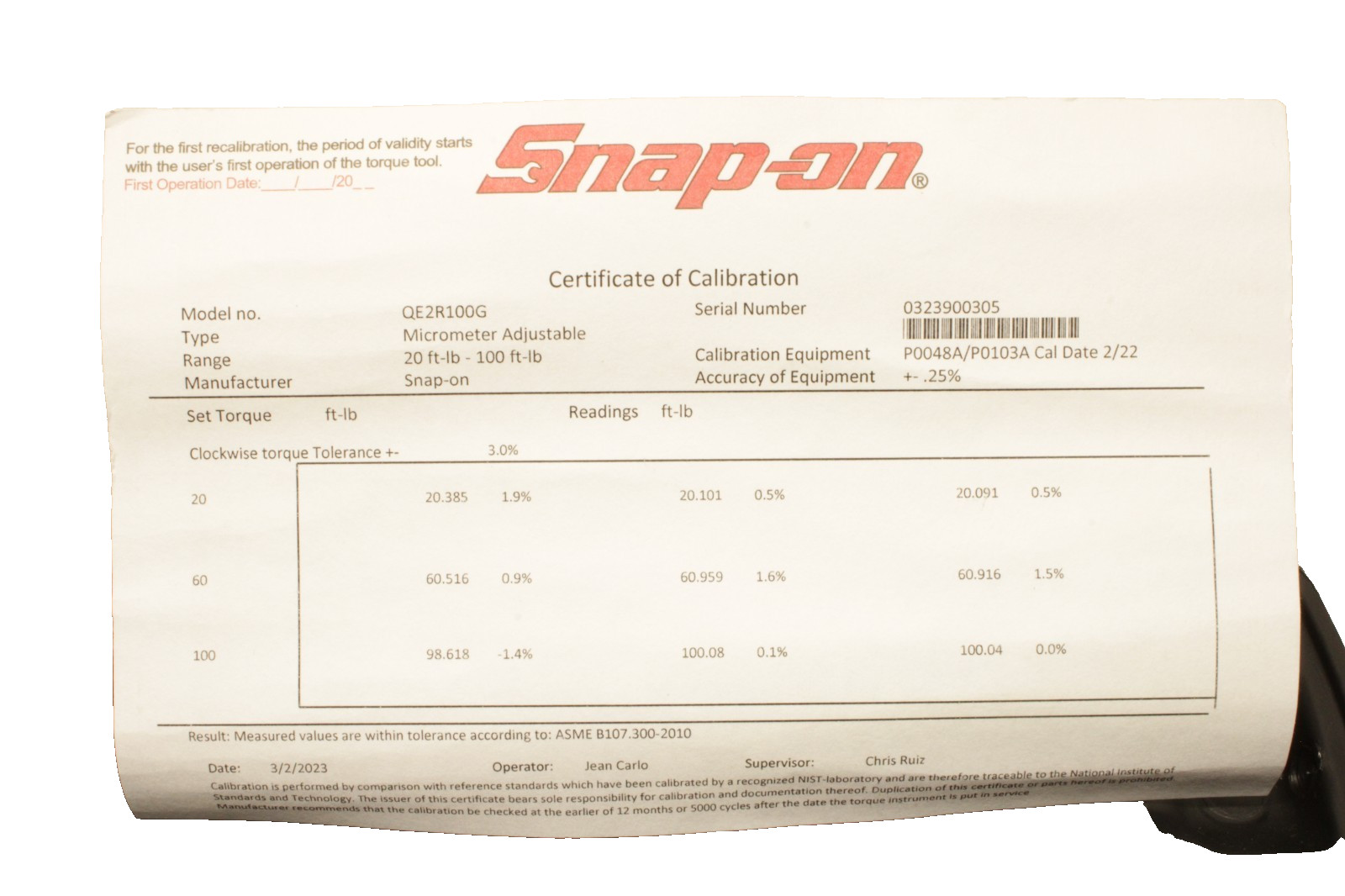 Snap-On QE2R100G 3/8″ Drive Torque Wrench 20-100 ft-lbs GREEN