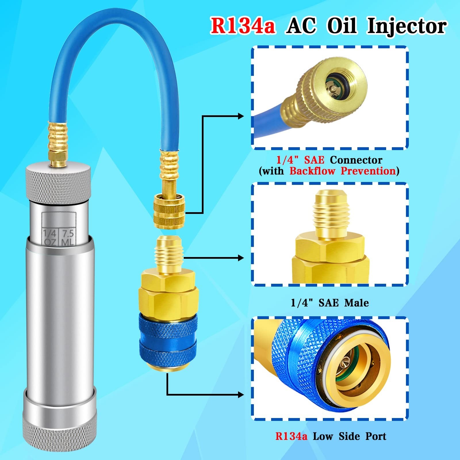 HVAC AC Oil Injector Tool for R1234YF R134A R410A – 2 OZ Dye Oil Injector with 1
