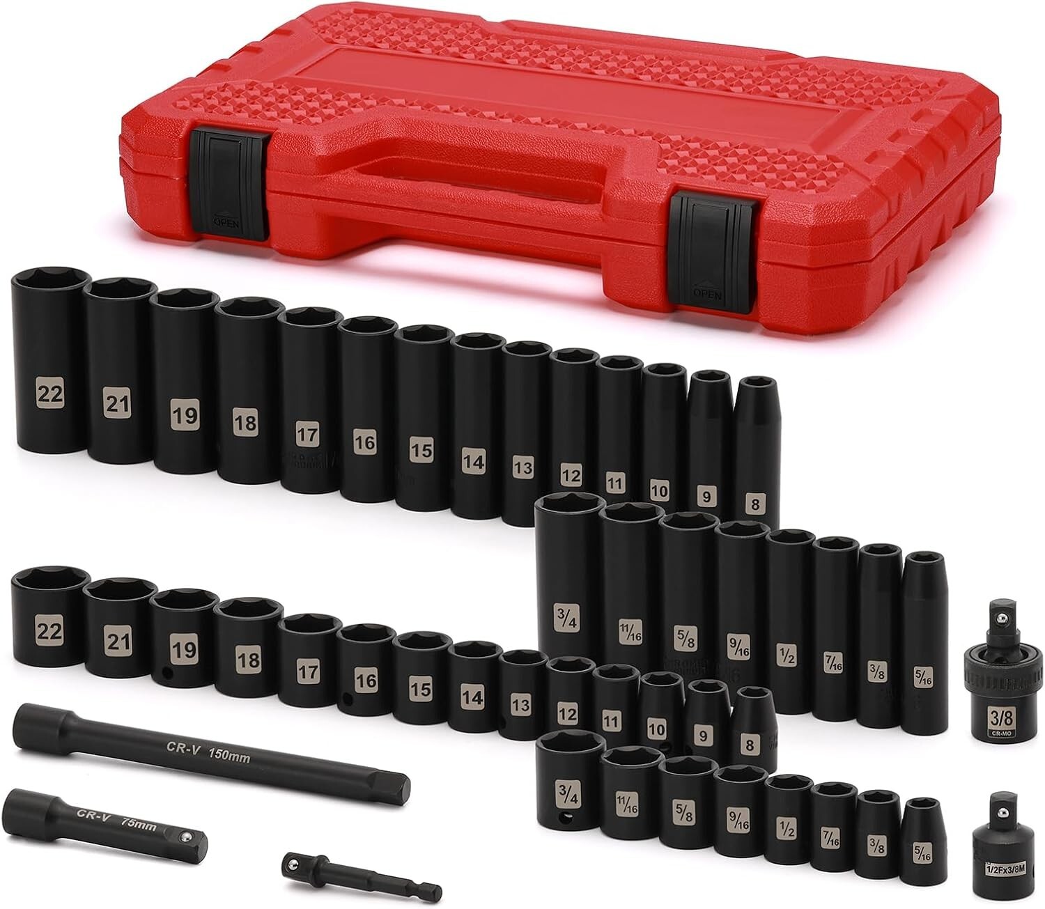 49 Pieces 3/8″ Drive Impact Socket Set 5/16″-3/4″ 8-22MM SAE/Metric 6 Point CR-V