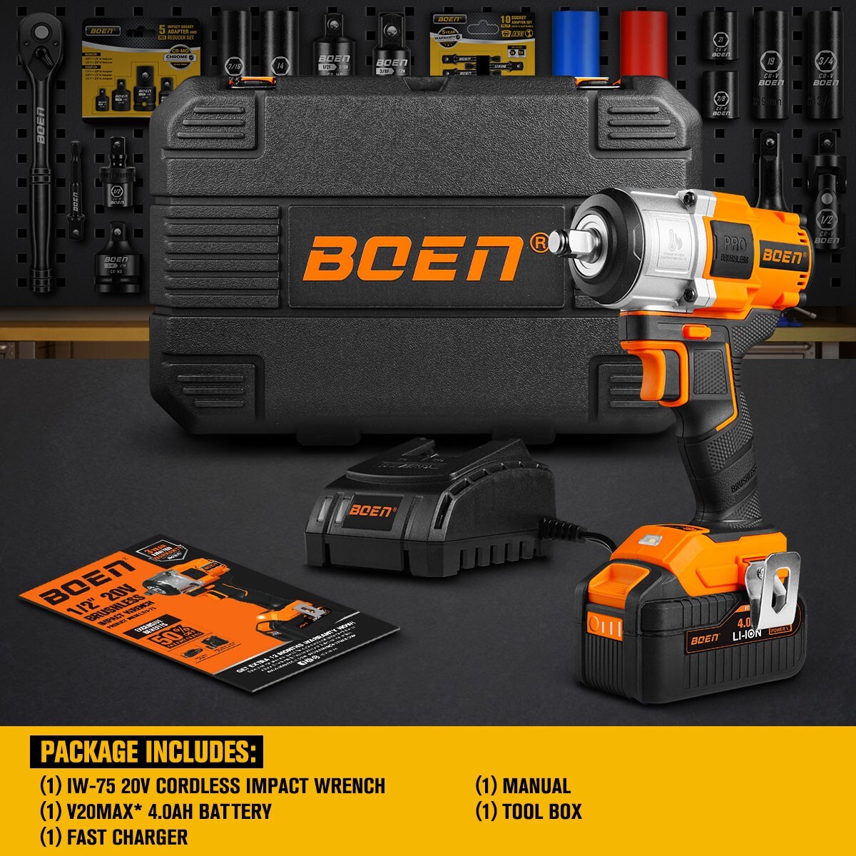 Boen Impact Wrench 1/2″ Brushless Electric, With 35 Pcs Impact Socket Set,IW75