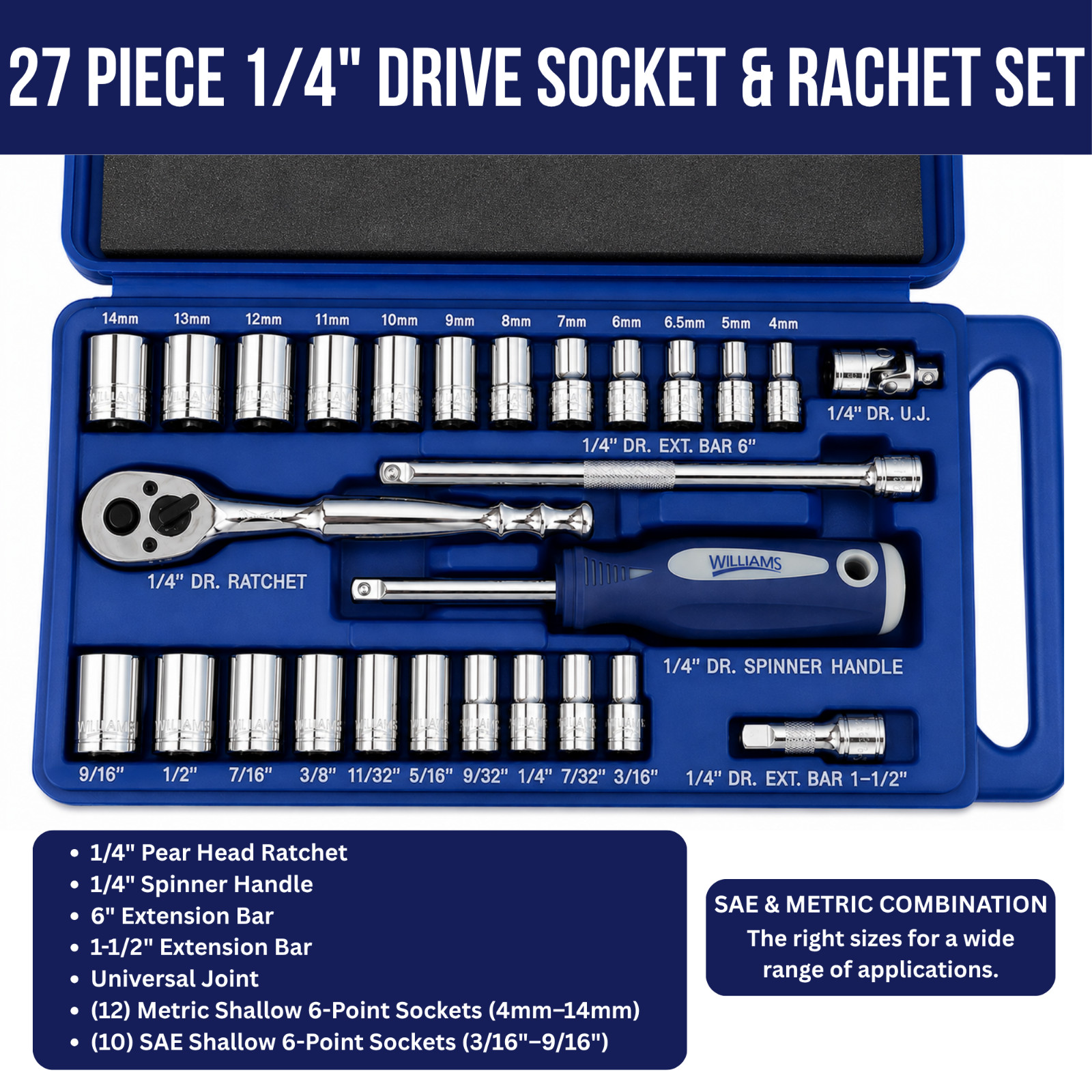 Williams 27Pc 1/4″ Drive Socket & Ratchet Tool Set SAE/Metric Chrome Sockets