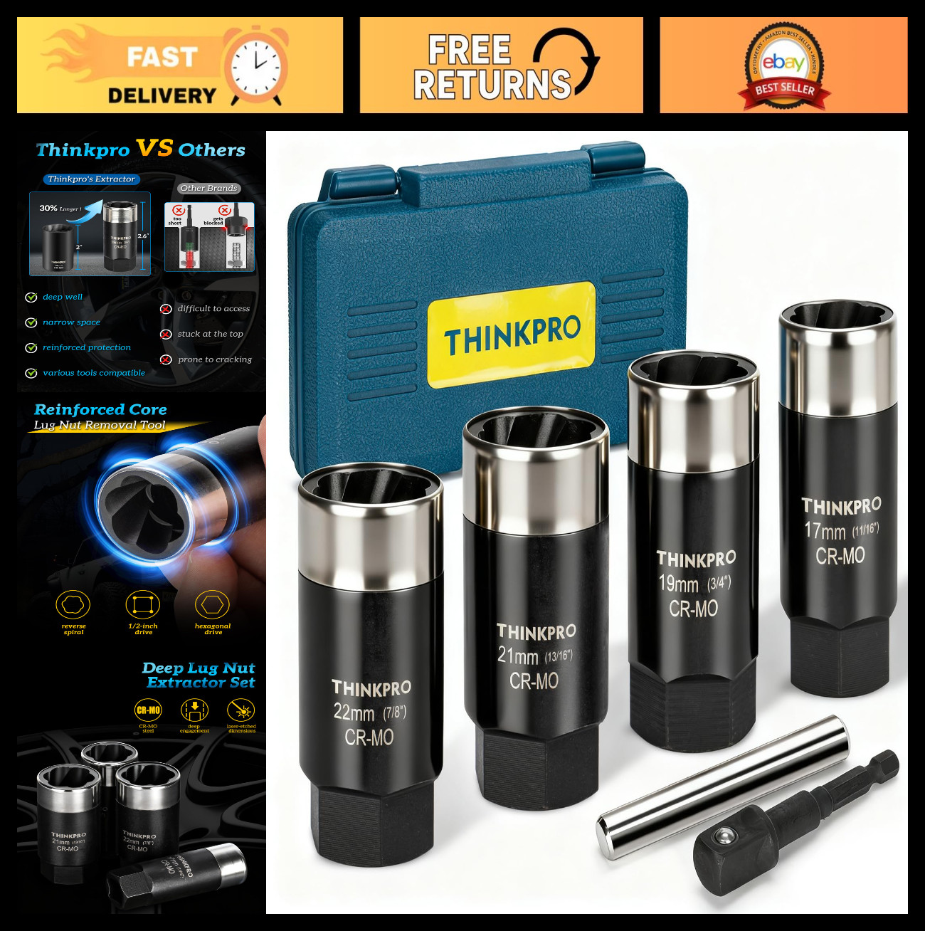 Deep Lug Nut Extractor Set – 6-Piece Locking Lug Nut Removal Tool, 1/2″ Drive, 1