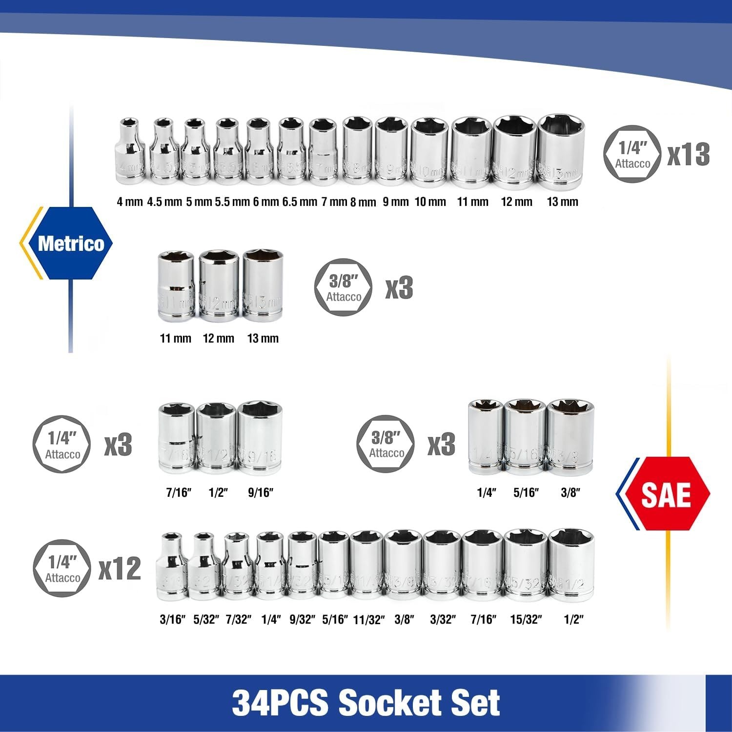 39-Piece Drive Socket Set 1/4» & 3/8», CR-V Metric and SAE Sockets with Qui…