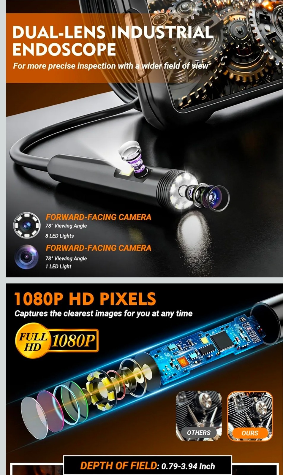 Dual-Lens Industrial Borescope Camera