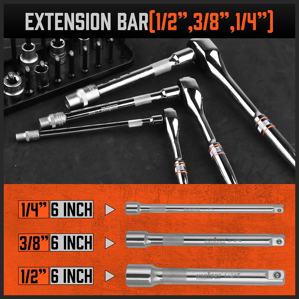 6PC 1/4″ 3/8″ 1/2″ Ratchet Handle Extension Bar Set CR-V W/ Bag Quick Release 90