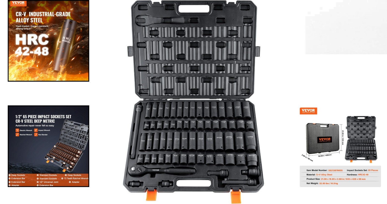 1/2″ Drive Impact Socket Set, 65-Piece Cr-V for Auto Repair Excellence