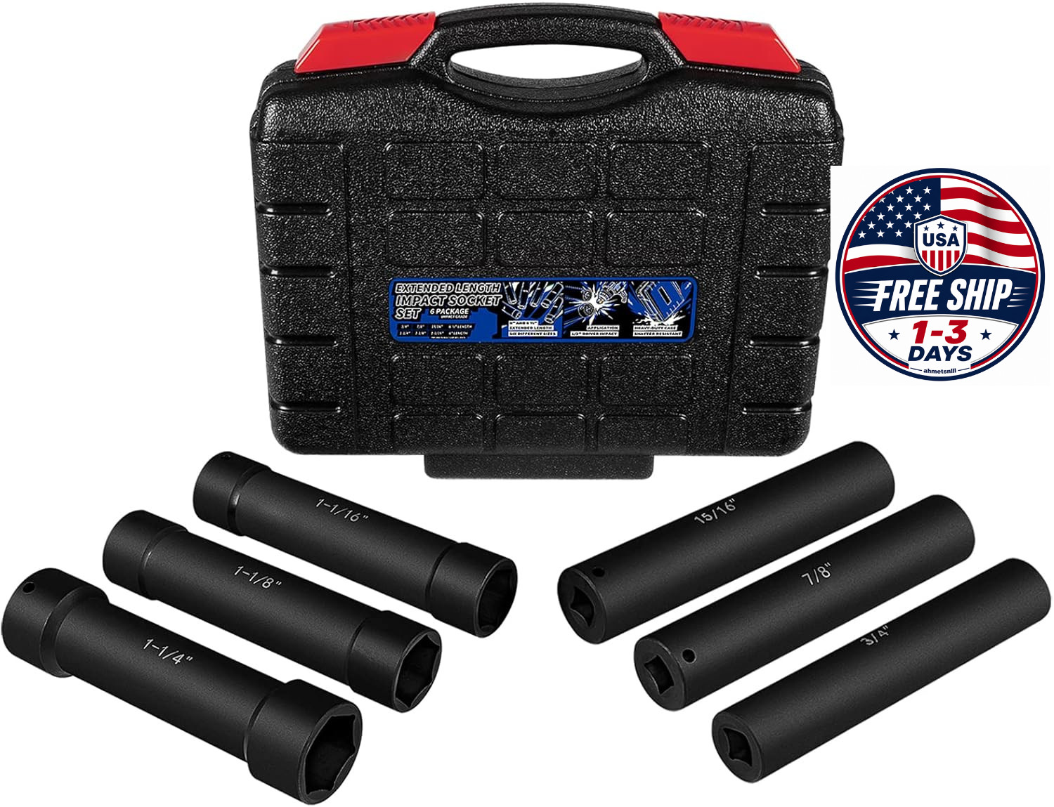 1/2″ Drive Heavy Duty Extended Length Extra-Deep Impact Socket Set w/ Case,6 Pcs