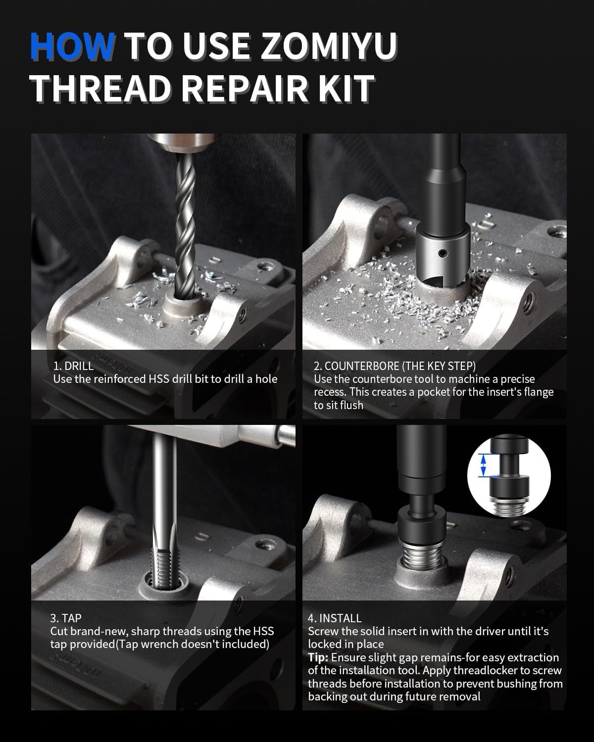 ZOMIYU M11x1.25 Metric Thread Repair Kit, with HSS Drill, M11 X 1.25, Black